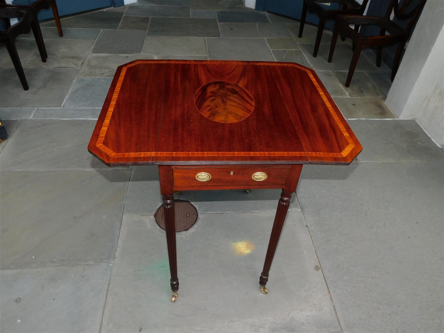 English Regency Mahogany Tulip Inlaid Pembroke Table with Reeded Legs, C. 1800 1