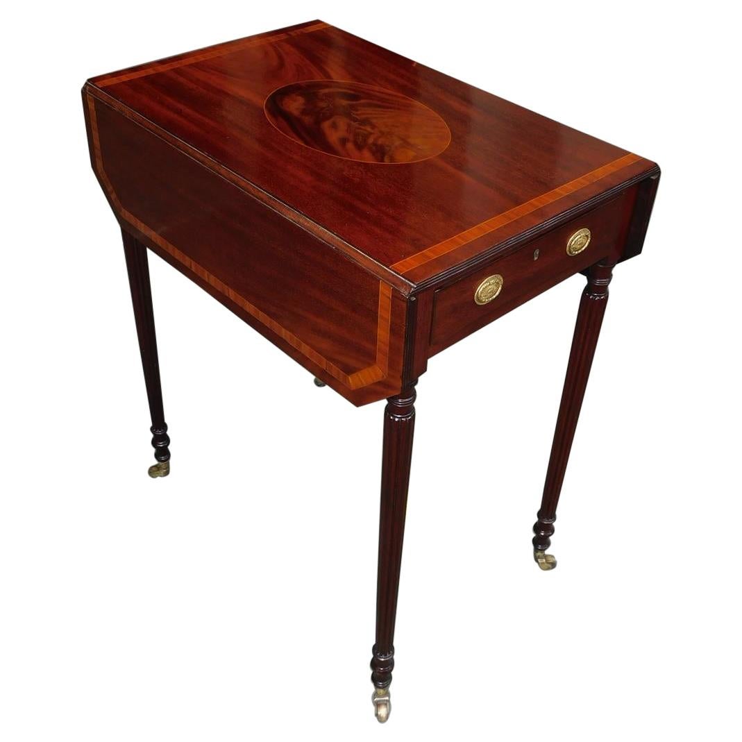 English Regency Mahogany Tulip Inlaid Pembroke Table with Reeded Legs, C. 1800
