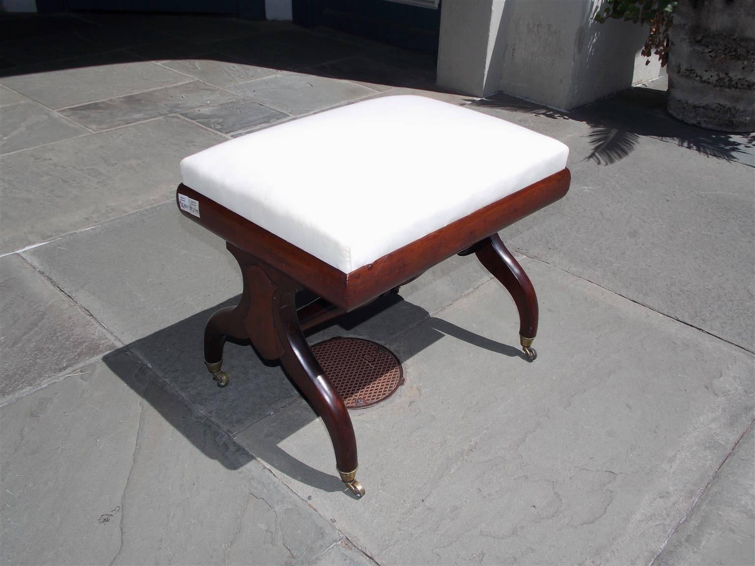 Hand-Carved English Regency Mahogany Upholstered Stool on Brass Casters, Circa 1815
