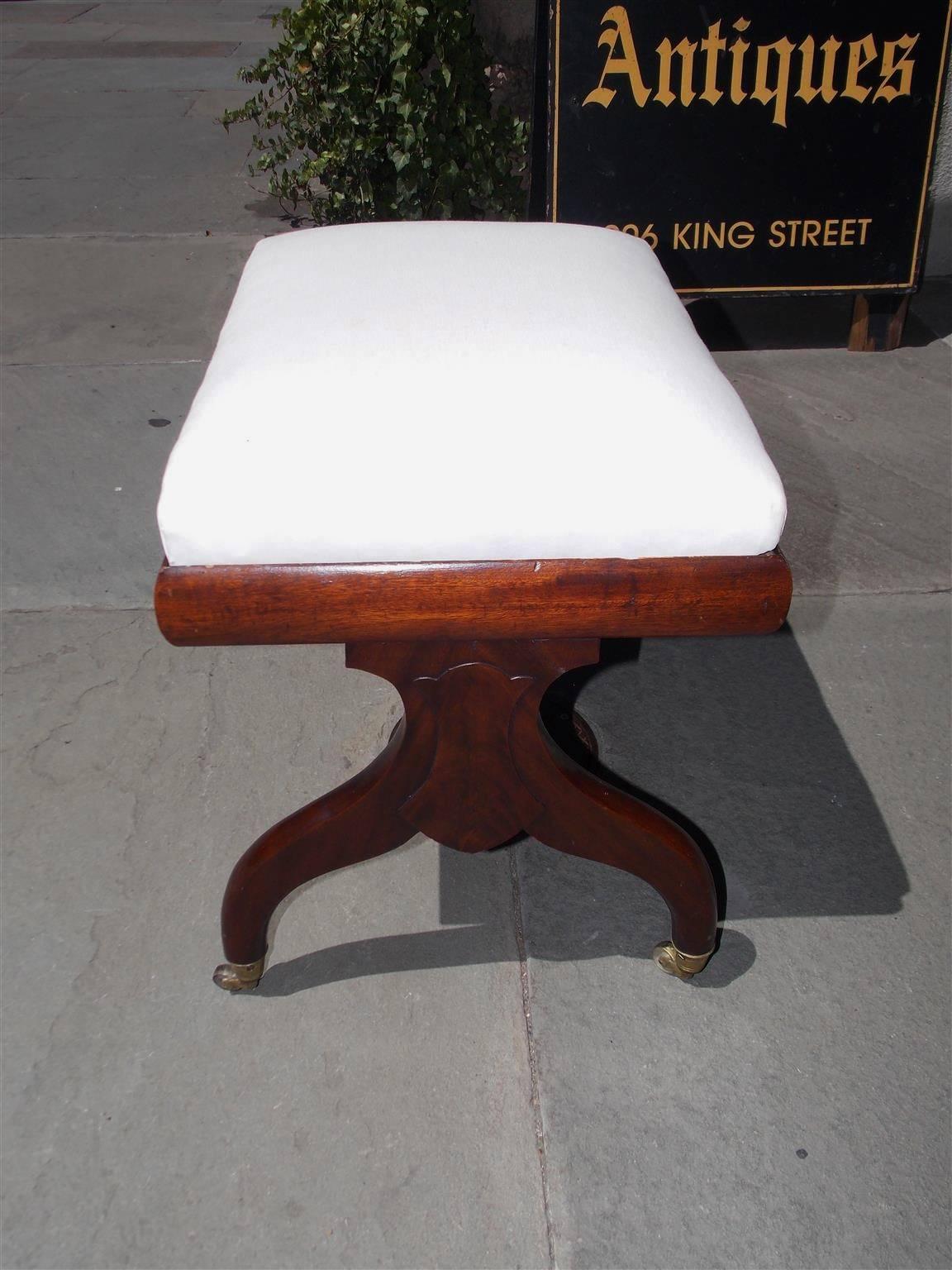 English Regency Mahogany Upholstered Stool on Brass Casters, Circa 1815 In Excellent Condition In Hollywood, SC
