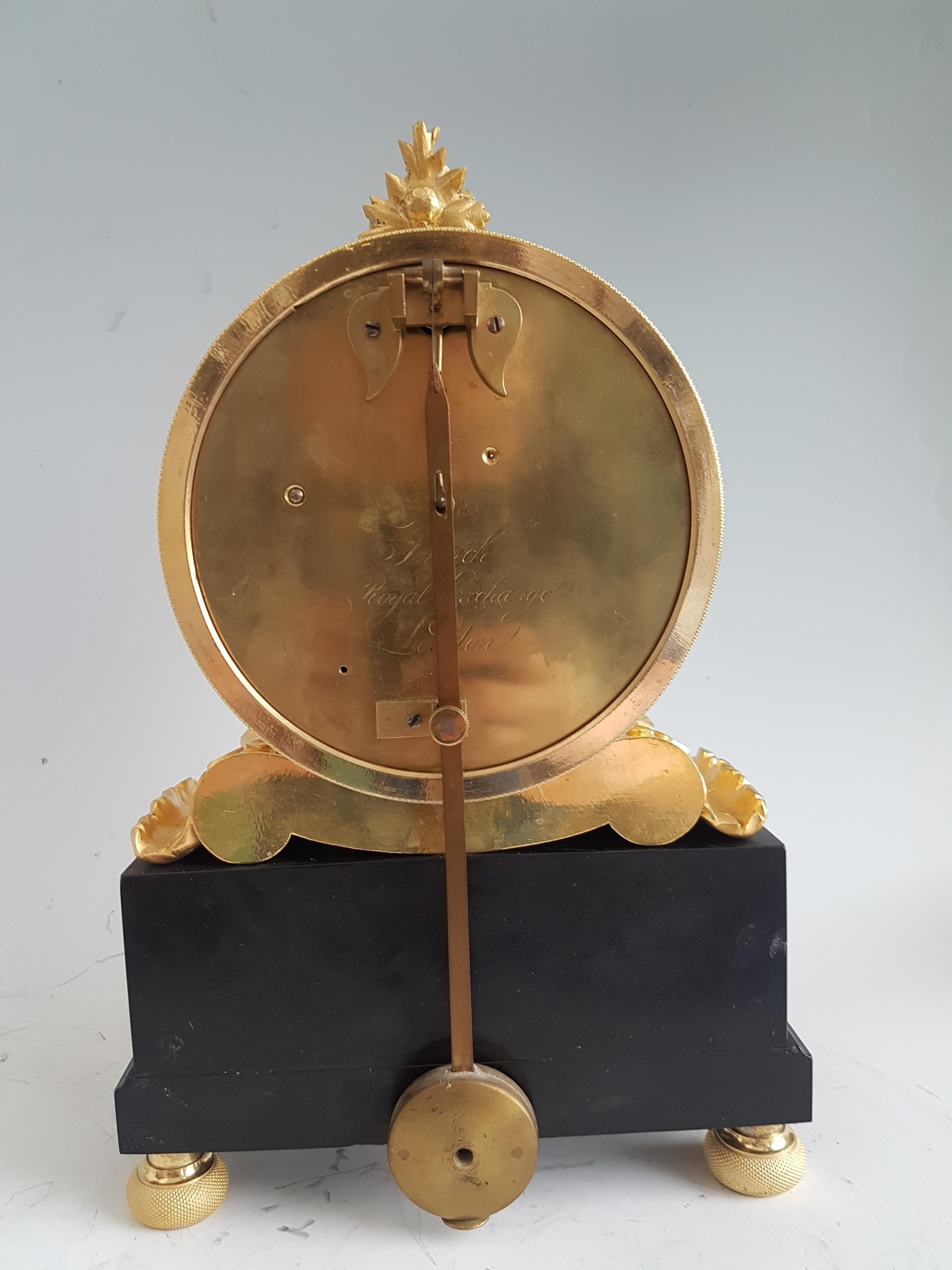 Early 19th Century English Regency Mantel Clock in Ormolu and Derbyshire Black Marble Signed French