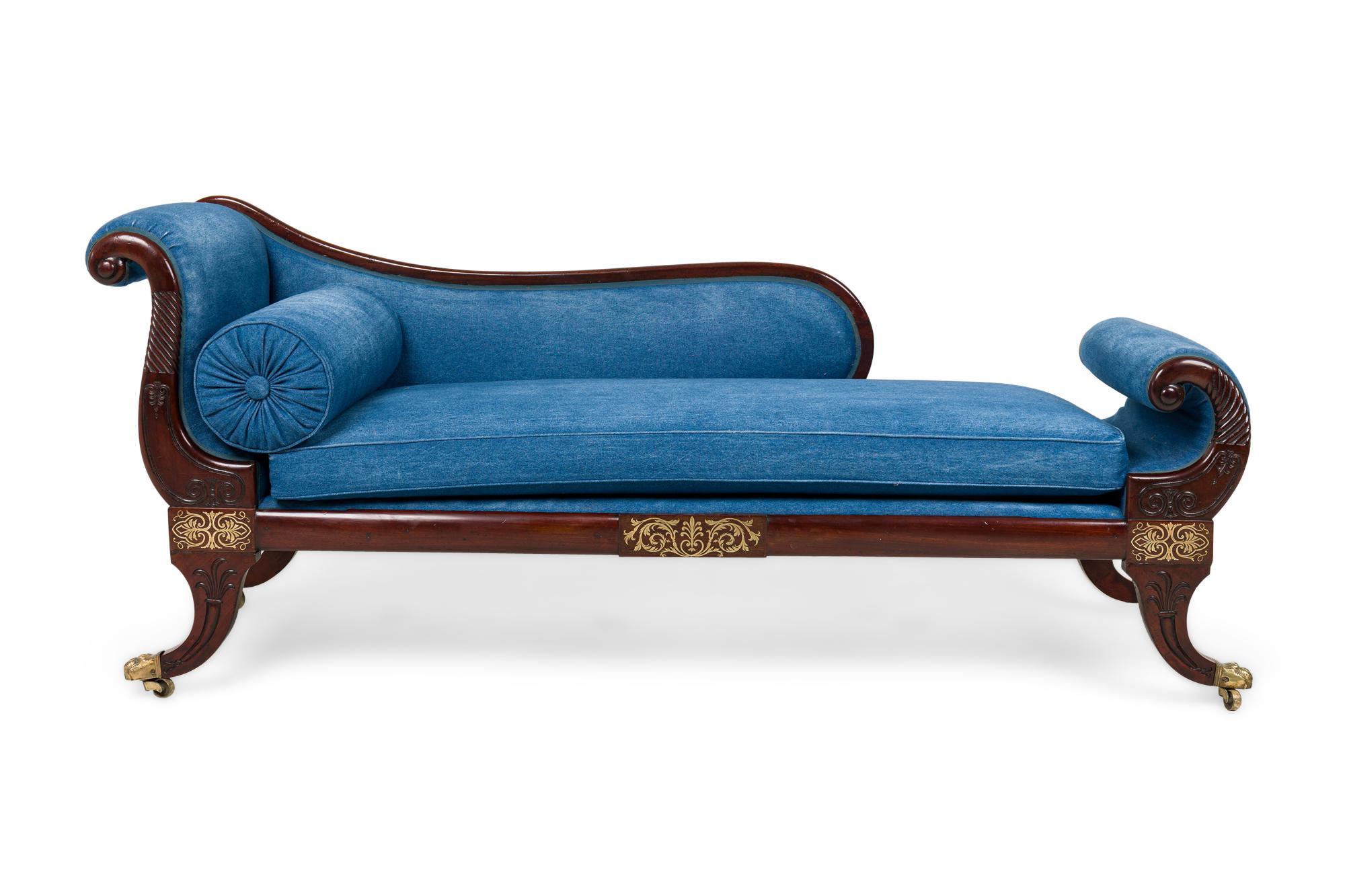 English Regency (1st quarter 19th Century) mahogany and brass inlaid roll arm récamier with a dark blue denim upholstery.
