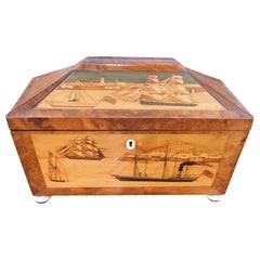 English Regency Nautical Burl Walnut Inlaid Ship's Tea Caddy w/ Orig. Feet, 1810