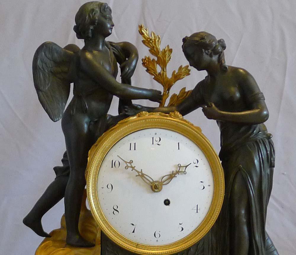 Patinated English Regency Neo-Classical Mantel Clock of Psyche and Cupid For Sale