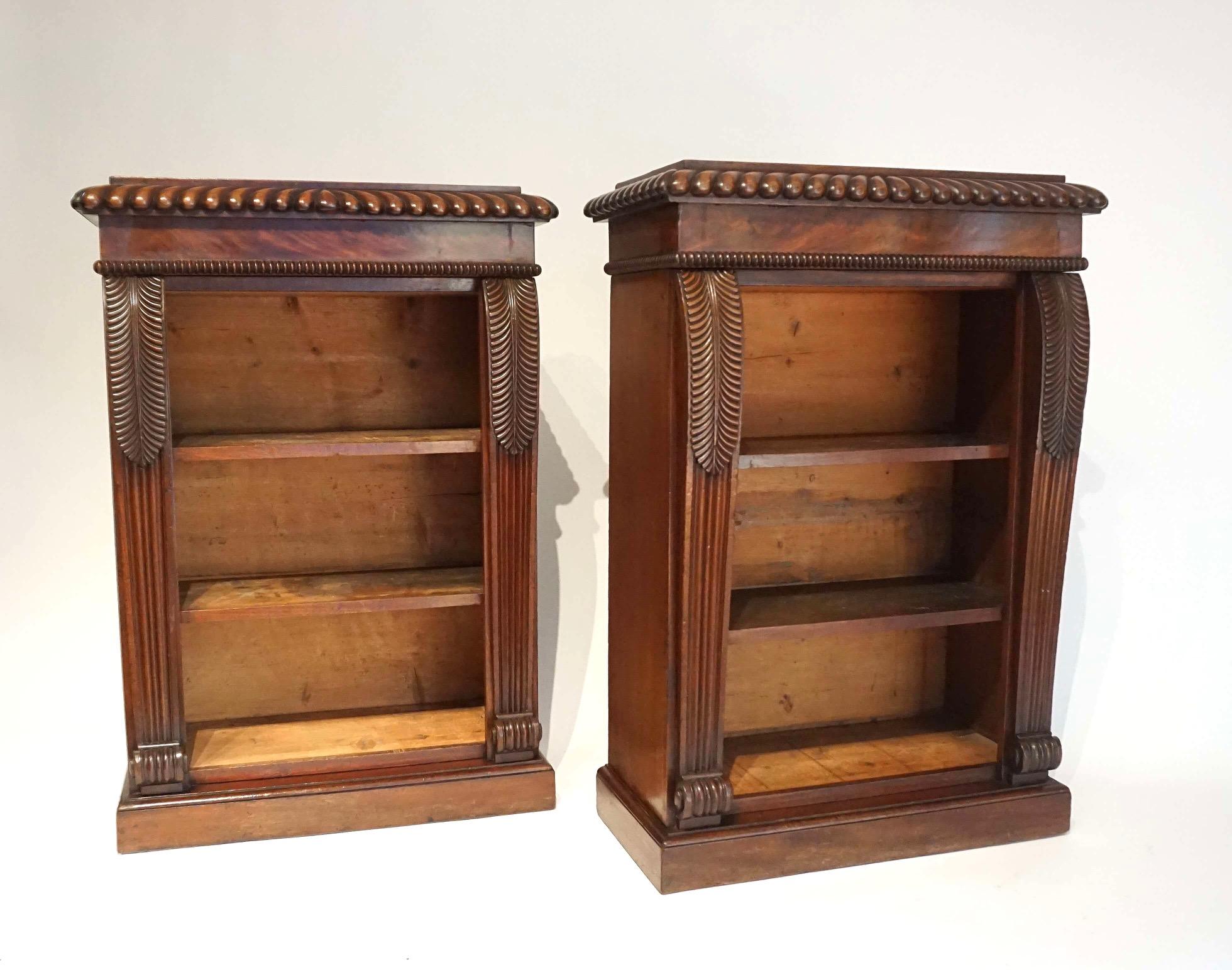 Elegant and fine pair of circa 1825 neoclassical English regency period dwarf open bookcases; the 'plum pudding' mahogany raised tops with thickly gadrooned edges above flat frieze and beaded border surmounting two shelf open compartment with