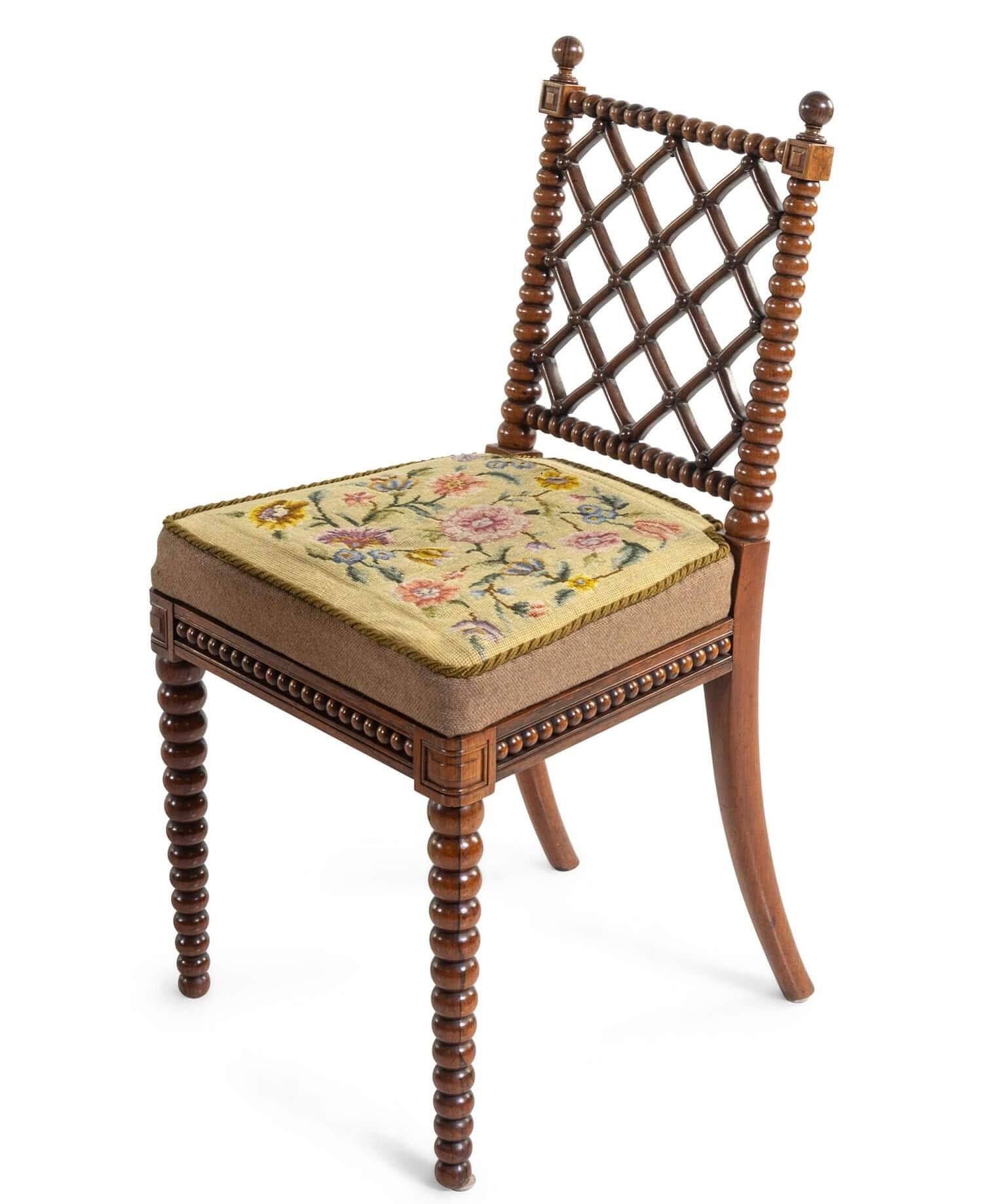 Upholstery English Regency Oak Bobbin Chairs Attributed to Gillows, Set of Four, circa 1825
