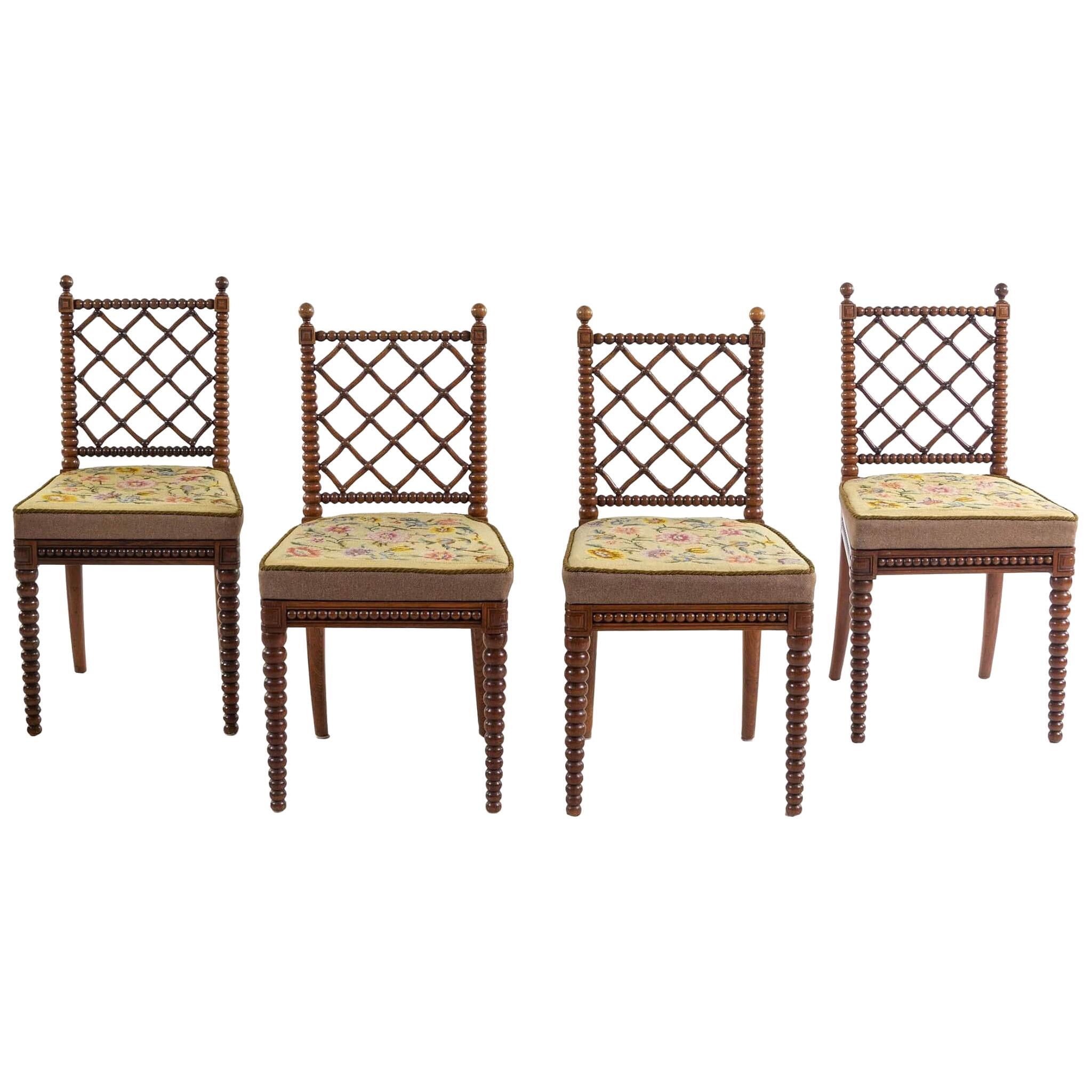 English Regency Oak Bobbin Chairs Attributed to Gillows, Set of Four, circa 1825