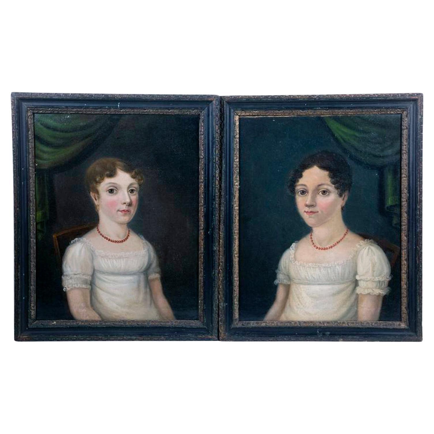English Regency Oil Paintings of Twin Sisters