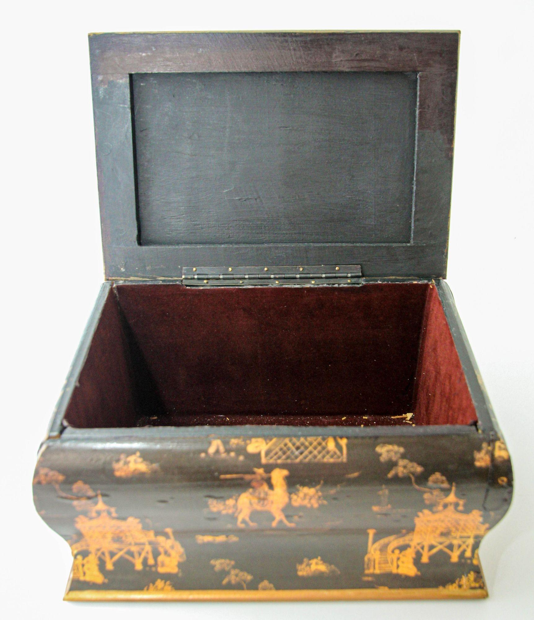 Boîte à bijoux de style English Regency oriental en laque noire et chinoiserie en vente 2