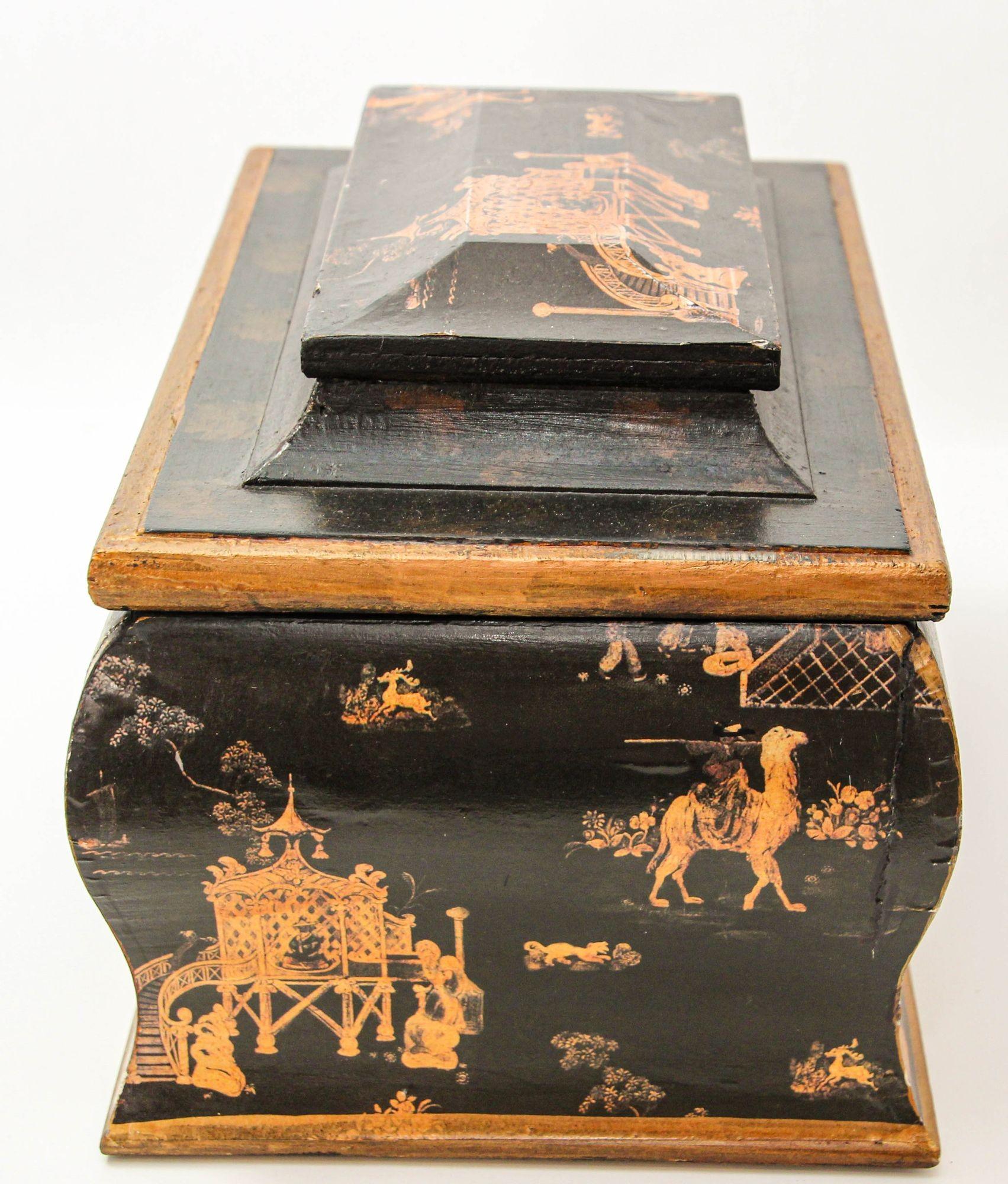 English Regency Oriental Black Lacquer Chinoiserie Chest Jewelry Box im Angebot 6