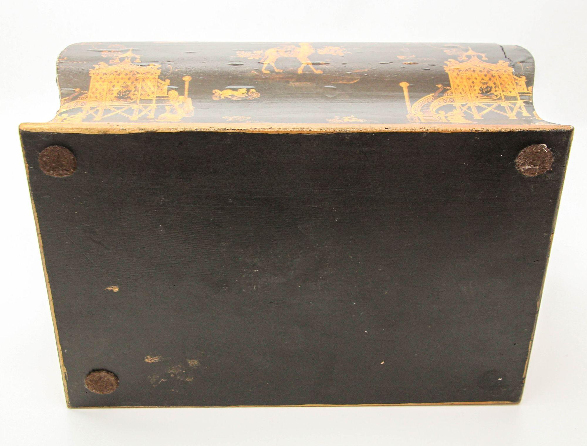 English Regency Oriental Black Lacquer Chinoiserie Chest Jewelry Box im Angebot 8
