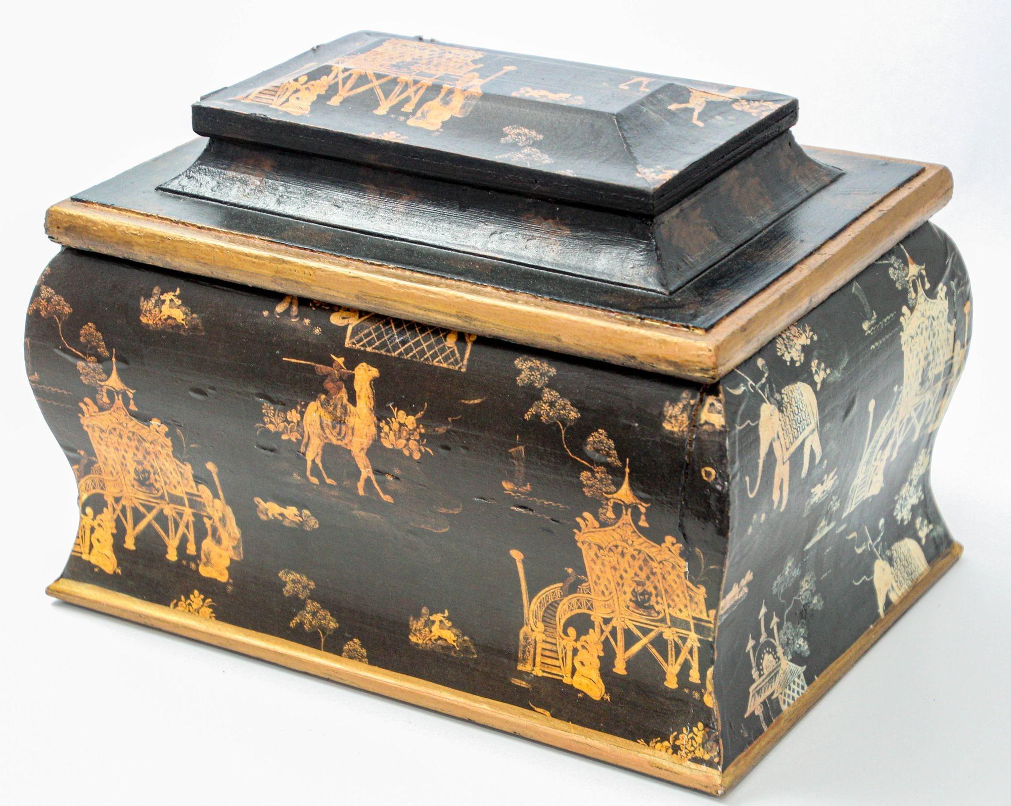 Boîte à bijoux de style English Regency oriental en laque noire et chinoiserie en vente 8