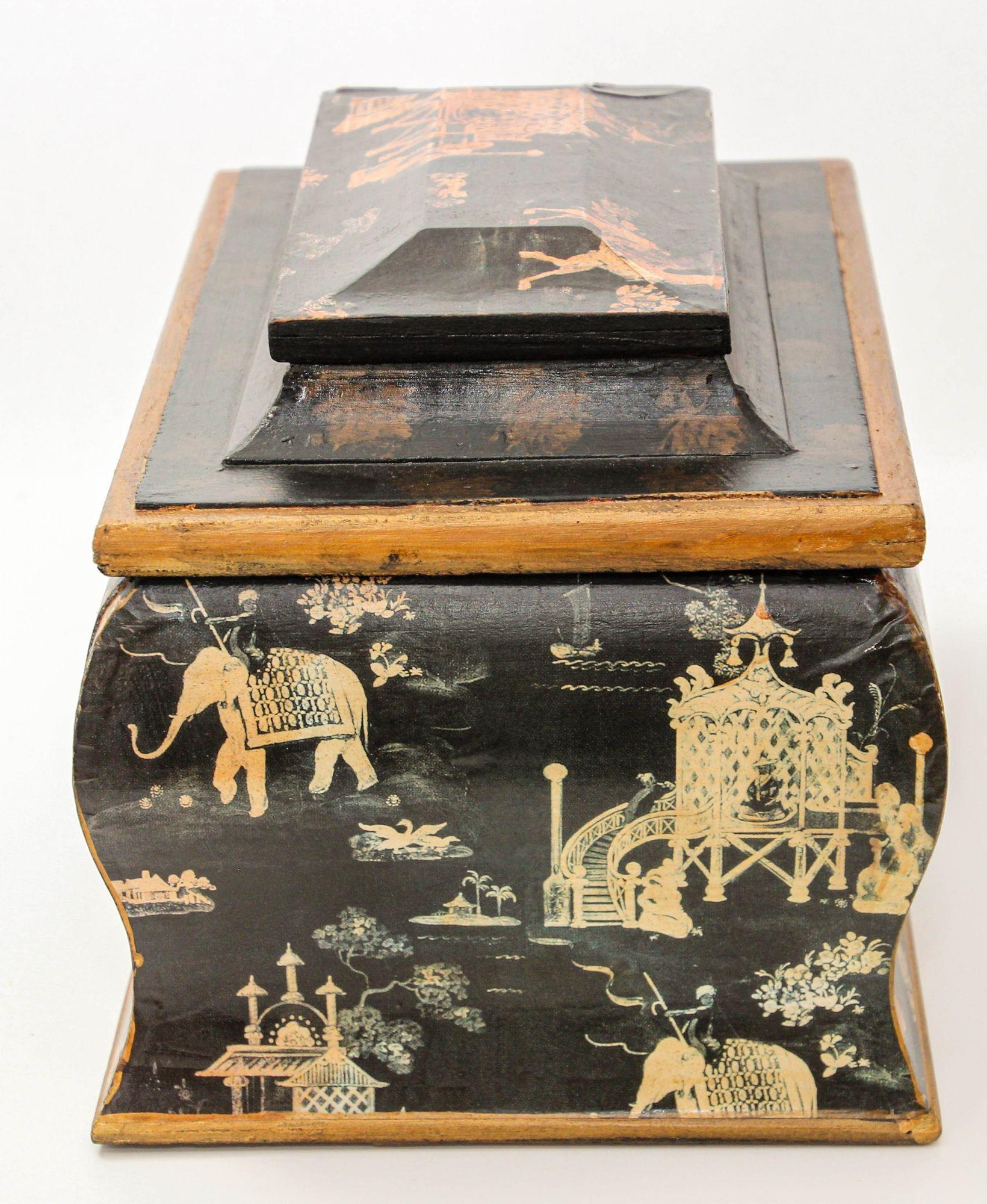 English Regency Oriental Black Lacquer Chinoiserie Chest Jewelry Box im Angebot 10