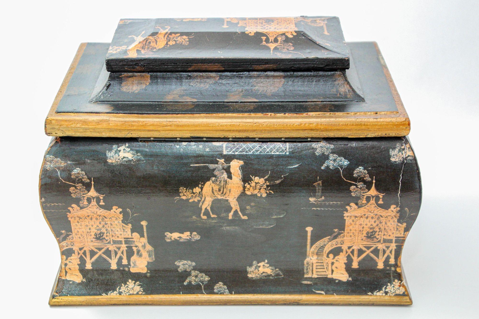 English Regency Oriental Black Lacquer Chinoiserie Chest Jewelry Box im Angebot 11