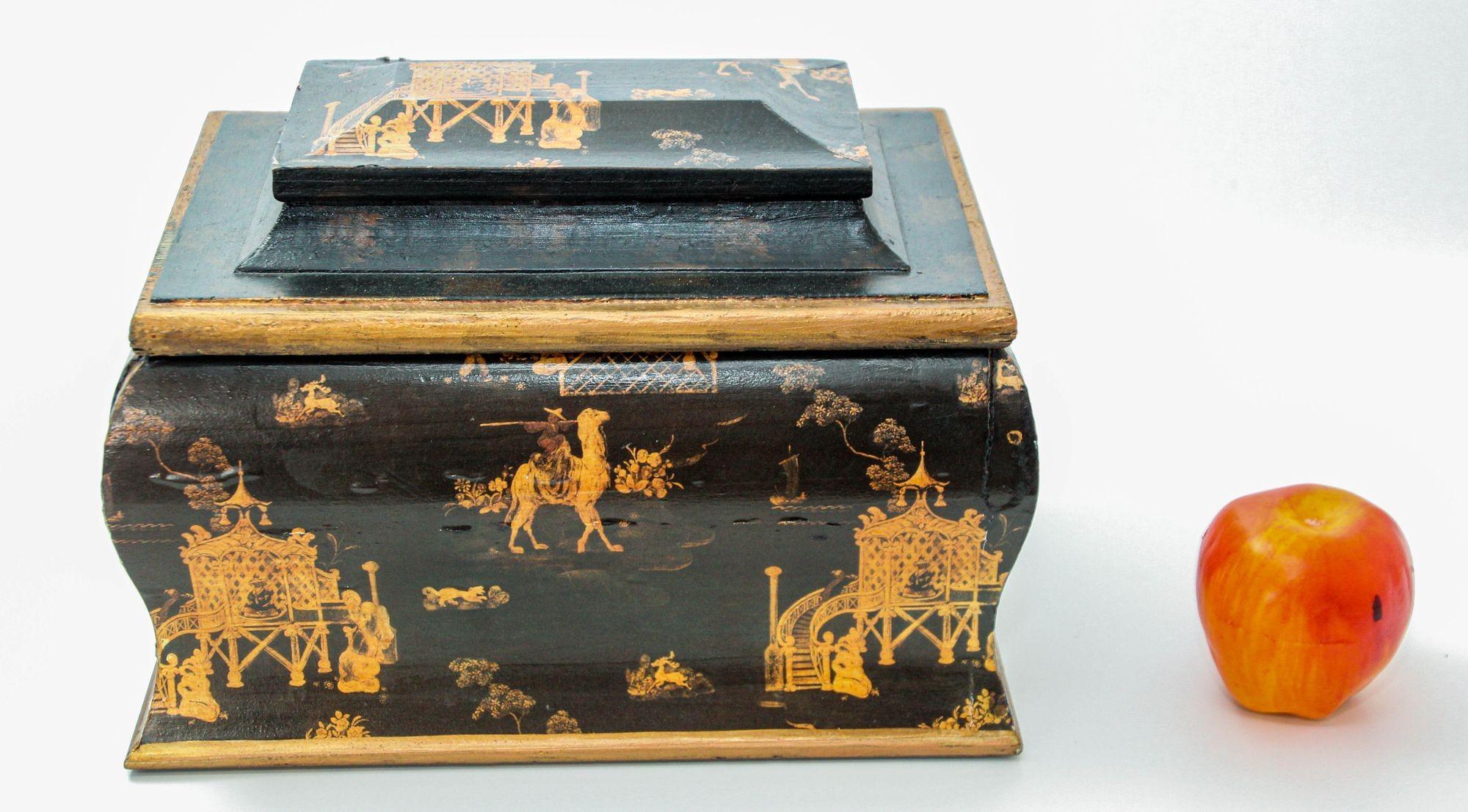 English Regency Oriental Black Lacquer Chinoiserie Chest Jewelry Box im Angebot 12