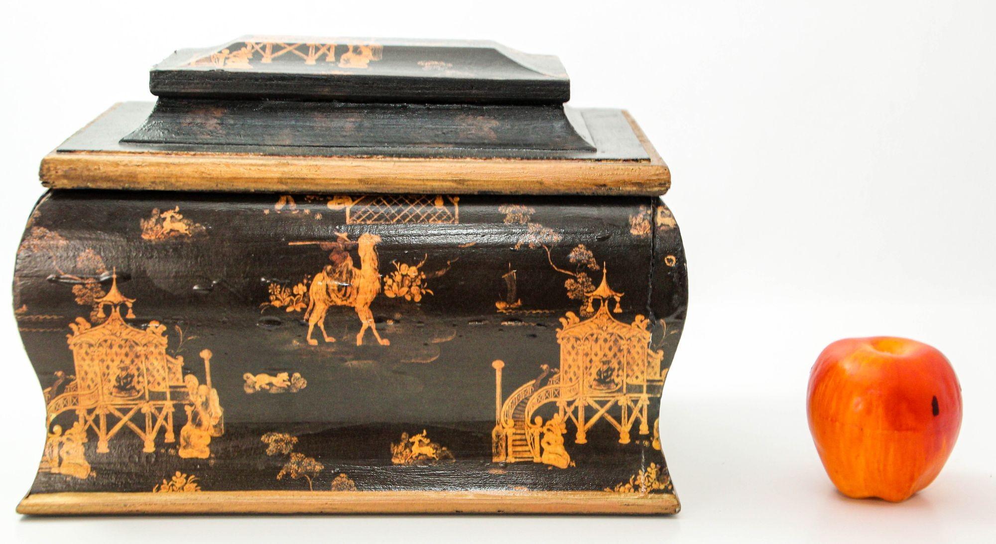 English Regency Oriental Black Lacquer Chinoiserie Chest Jewelry Box (amerikanisch) im Angebot