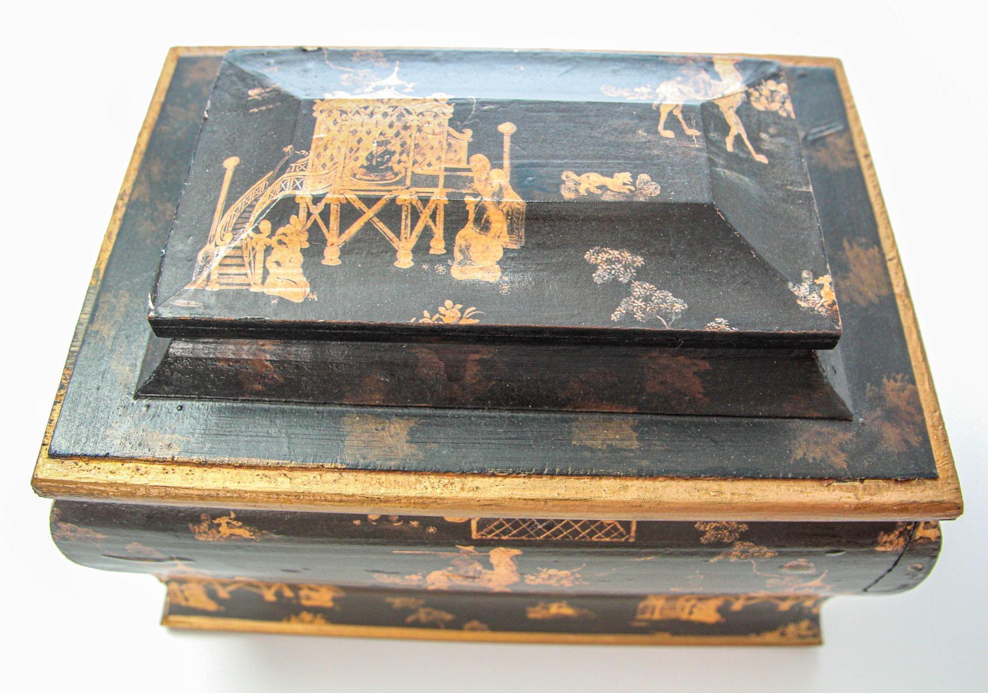 English Regency Oriental Black Lacquer Chinoiserie Chest Jewelry Box (Handgefertigt) im Angebot