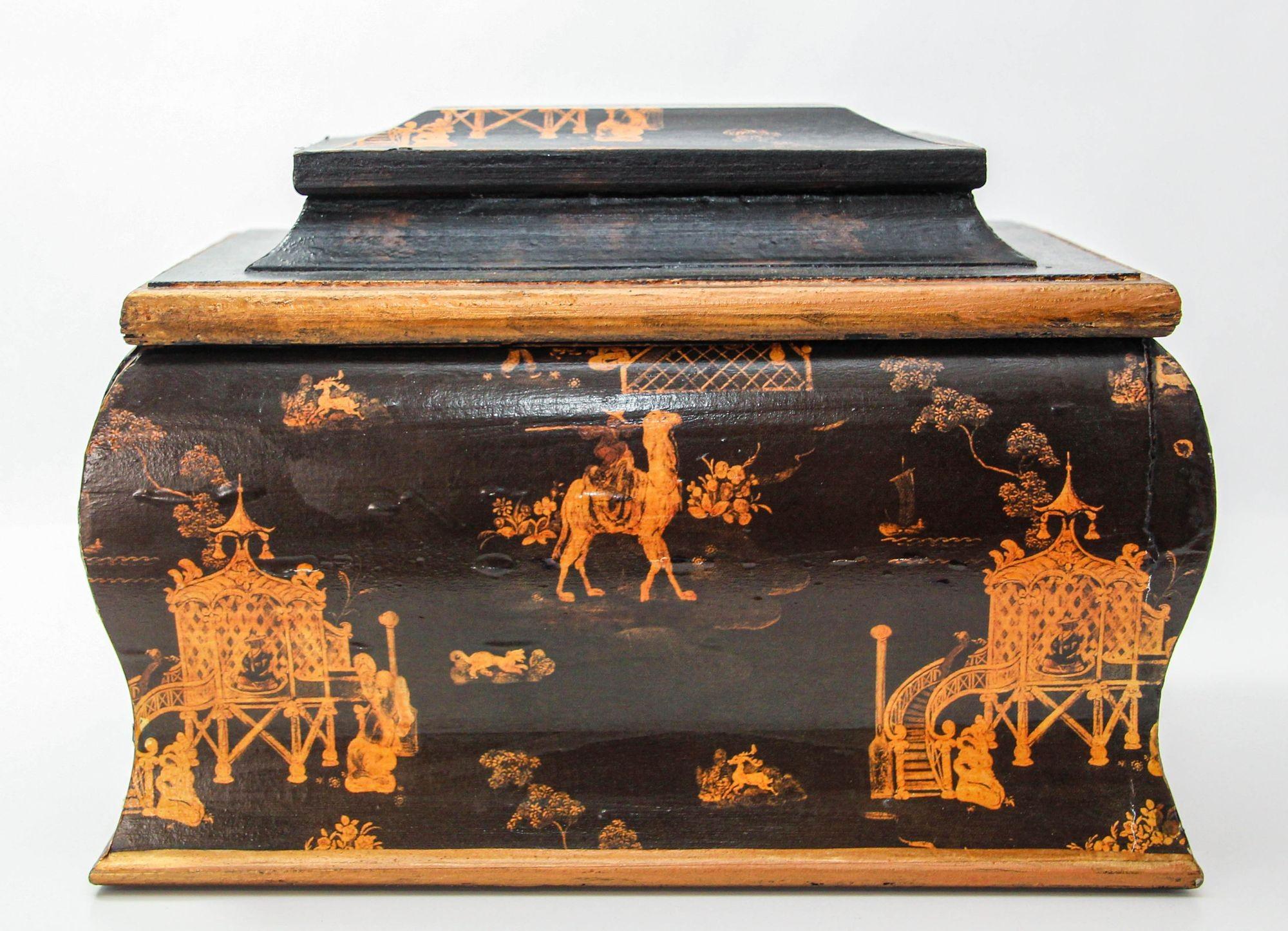20th Century English Regency Oriental Black Lacquer Chinoiserie Chest Jewelry Box For Sale
