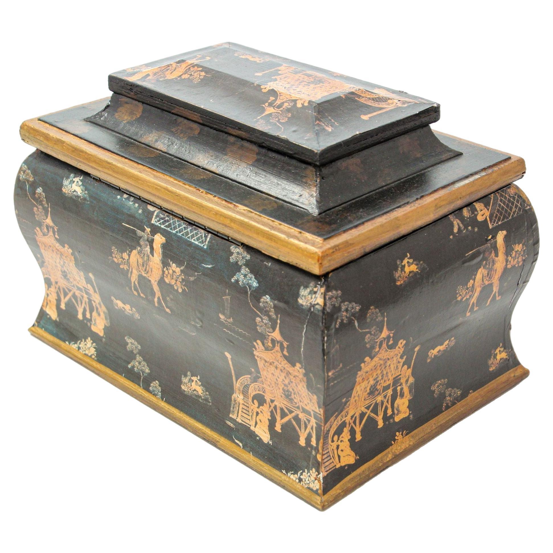 Boîte à bijoux de style English Regency oriental en laque noire et chinoiserie en vente