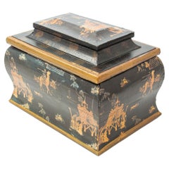 Retro English Regency Oriental Black Lacquer Chinoiserie Chest Jewelry Box