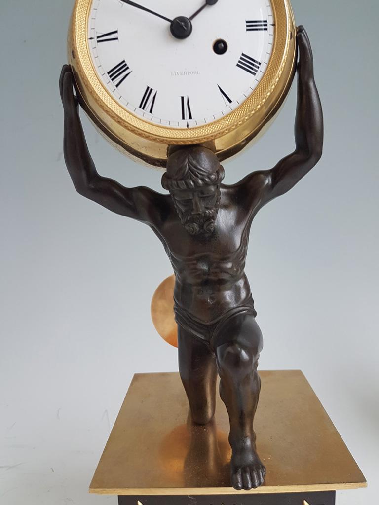 Early 19th Century English Regency Ormolu and Patinated Bronze Mantel Clock of Atlas