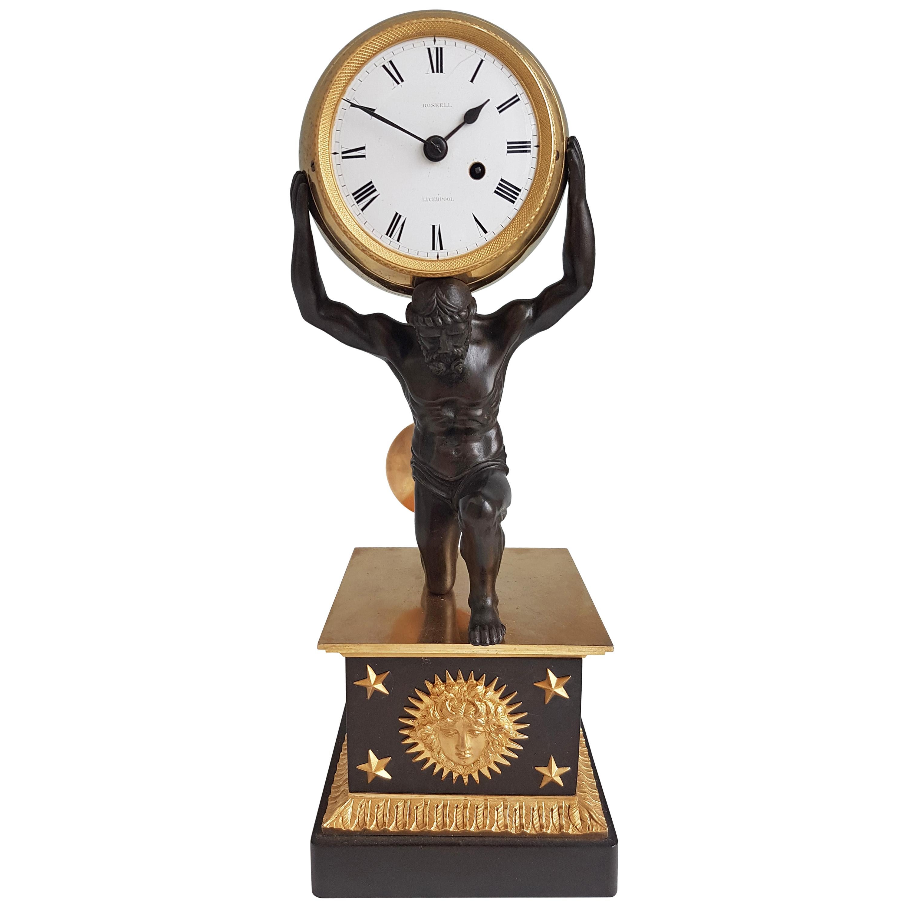English Regency Ormolu and Patinated Bronze Mantel Clock of Atlas