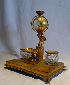 Encrier en bronze doré de style Régence anglaise avec mouvement de montre, vers 1815