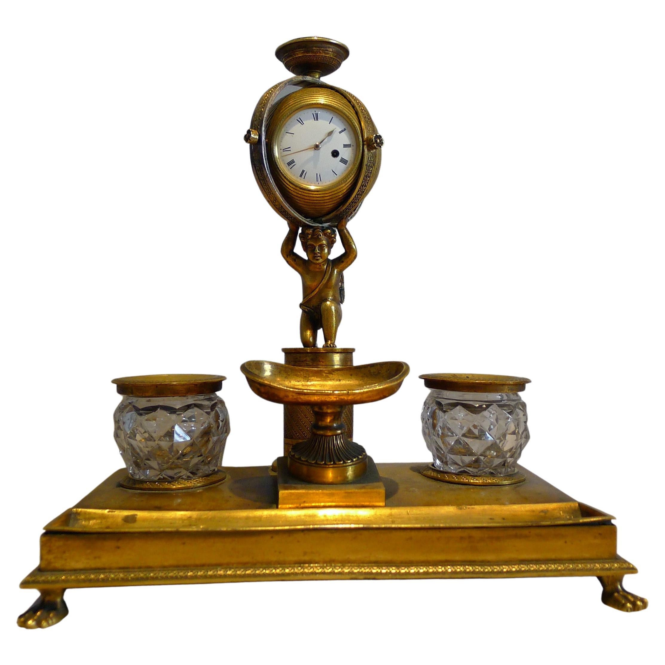 Encrier en bronze doré de style Régence anglaise avec mouvement de montre, vers 1815 en vente