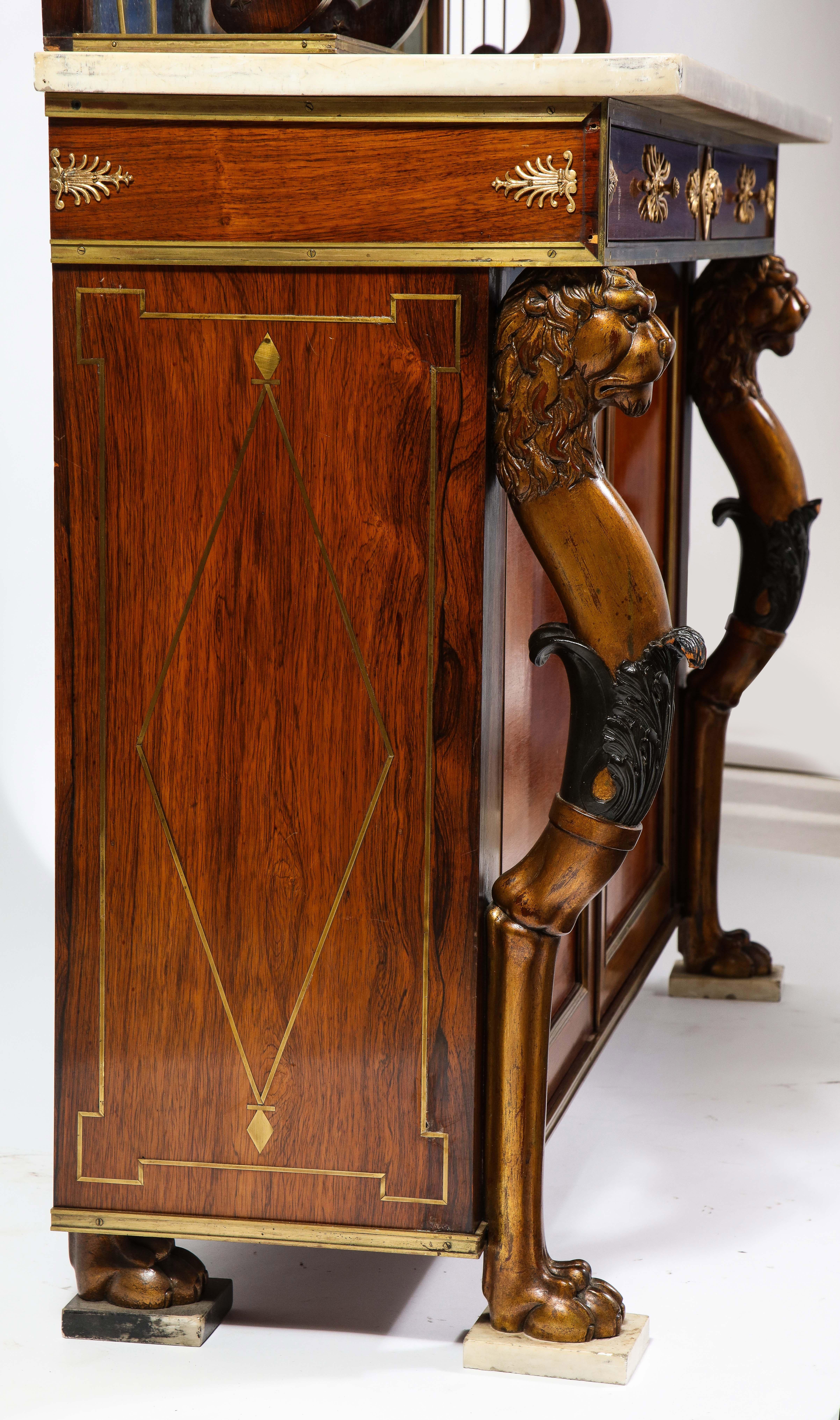 English Regency Ormolu Mounted Figural Chiffonier with Lyre Form Mirrored Shelf For Sale 7