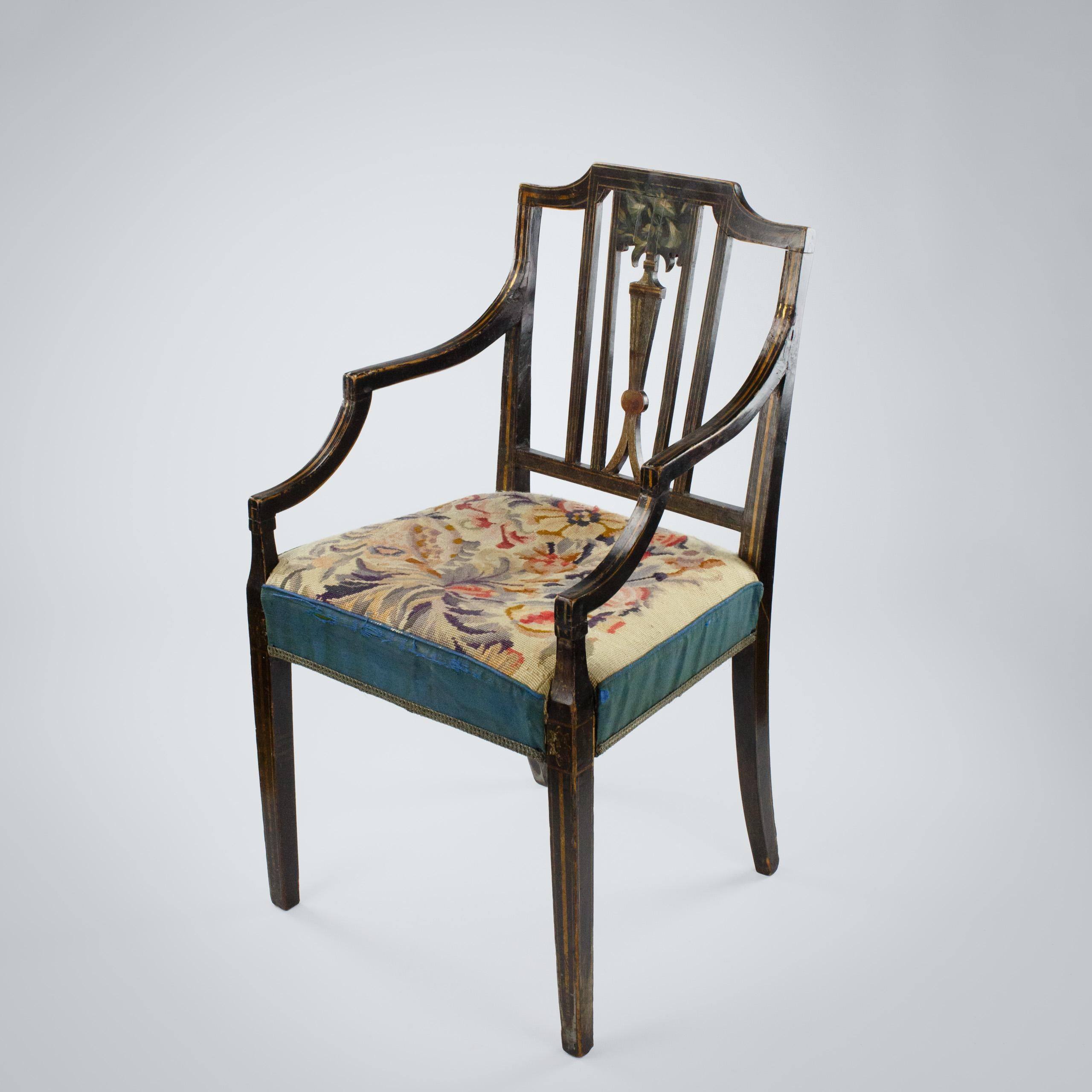 Regency Painted Elbow Chair with Needlepoint Upholstery.

Wear consummate with age.

England, Circa 1820.

47cm High to top of cushion.