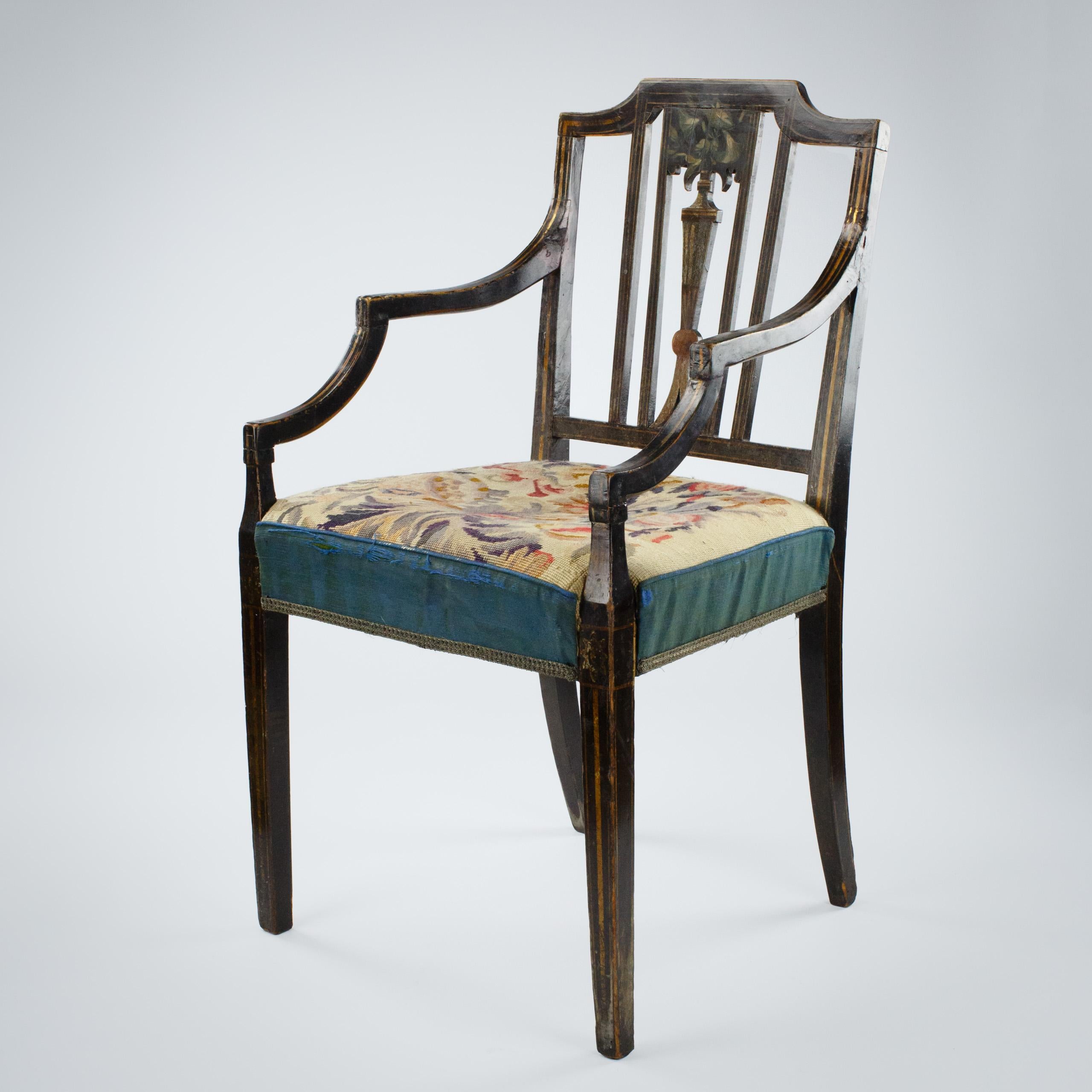 English Regency Painted Elbow Chair with Needlepoint Upholstery In Distressed Condition In Pease pottage, West Sussex