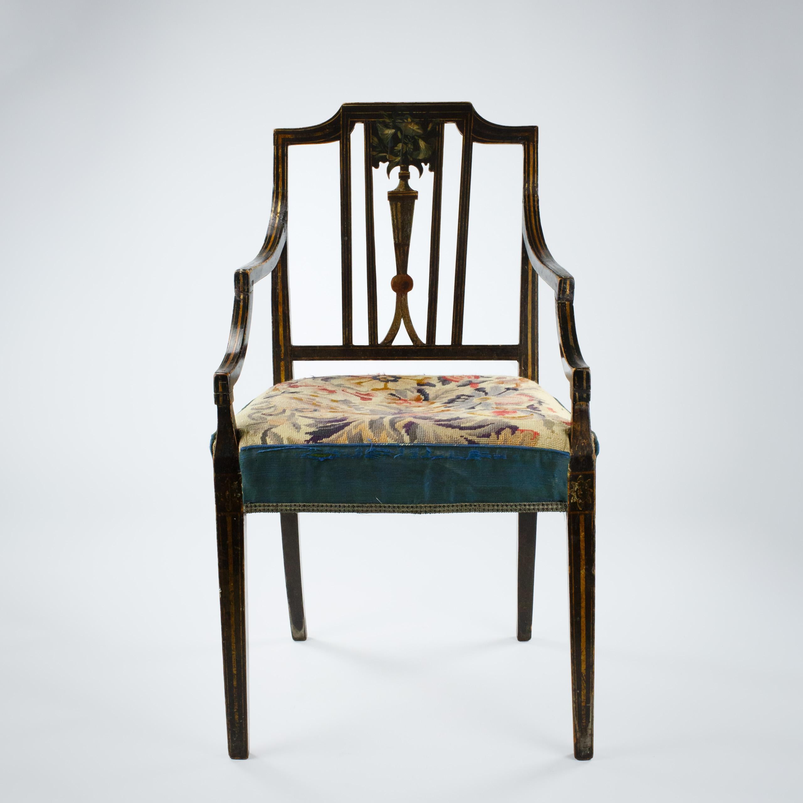 19th Century English Regency Painted Elbow Chair with Needlepoint Upholstery