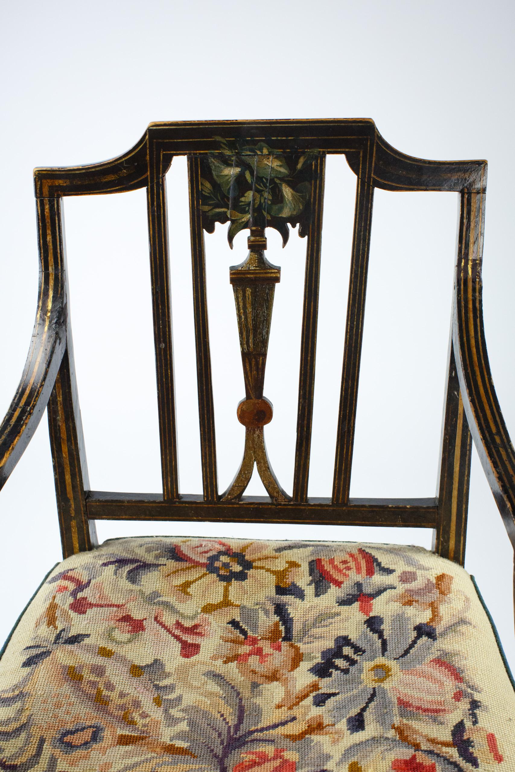 Wood English Regency Painted Elbow Chair with Needlepoint Upholstery