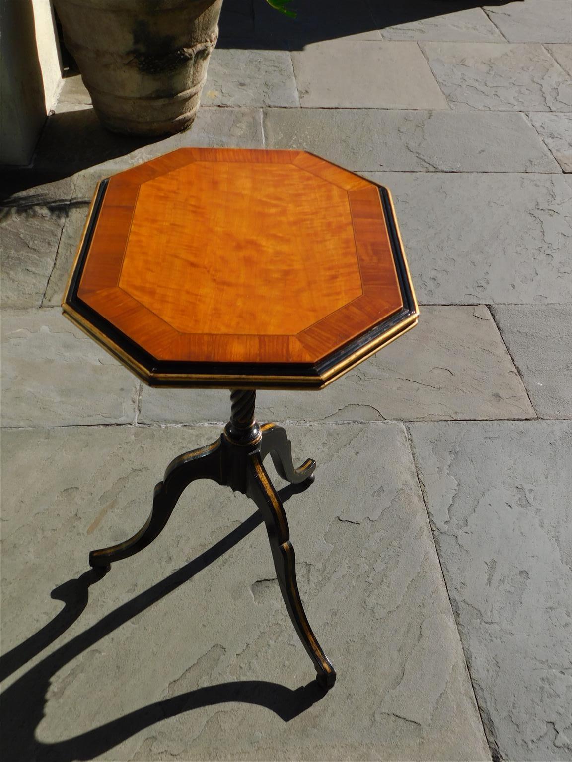 Inlay English Regency Painted & Gilt Satinwood Inlaid Tripod Candle Stand, Circa 1790 For Sale
