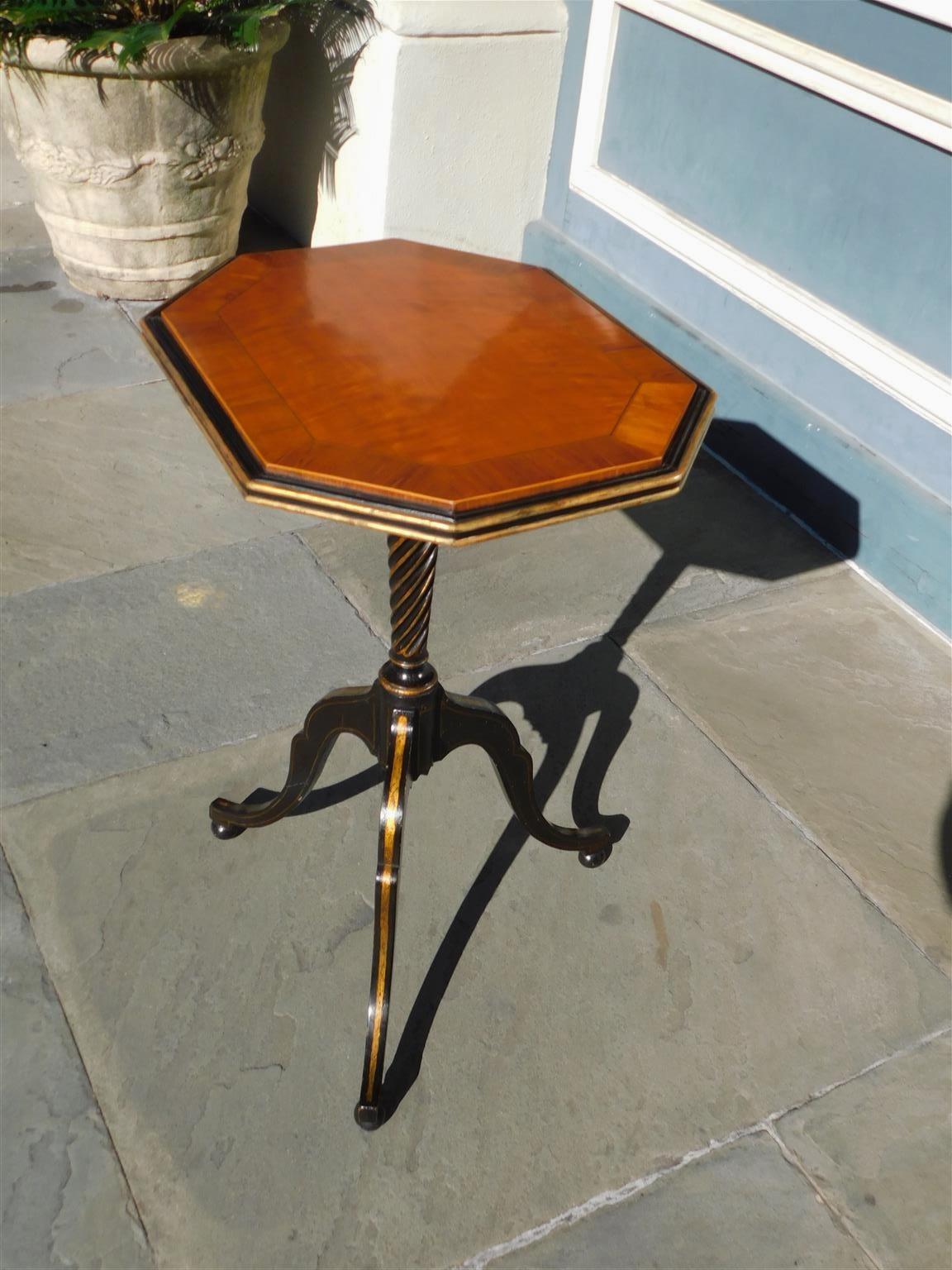 Late 18th Century English Regency Painted & Gilt Satinwood Inlaid Tripod Candle Stand, Circa 1790 For Sale