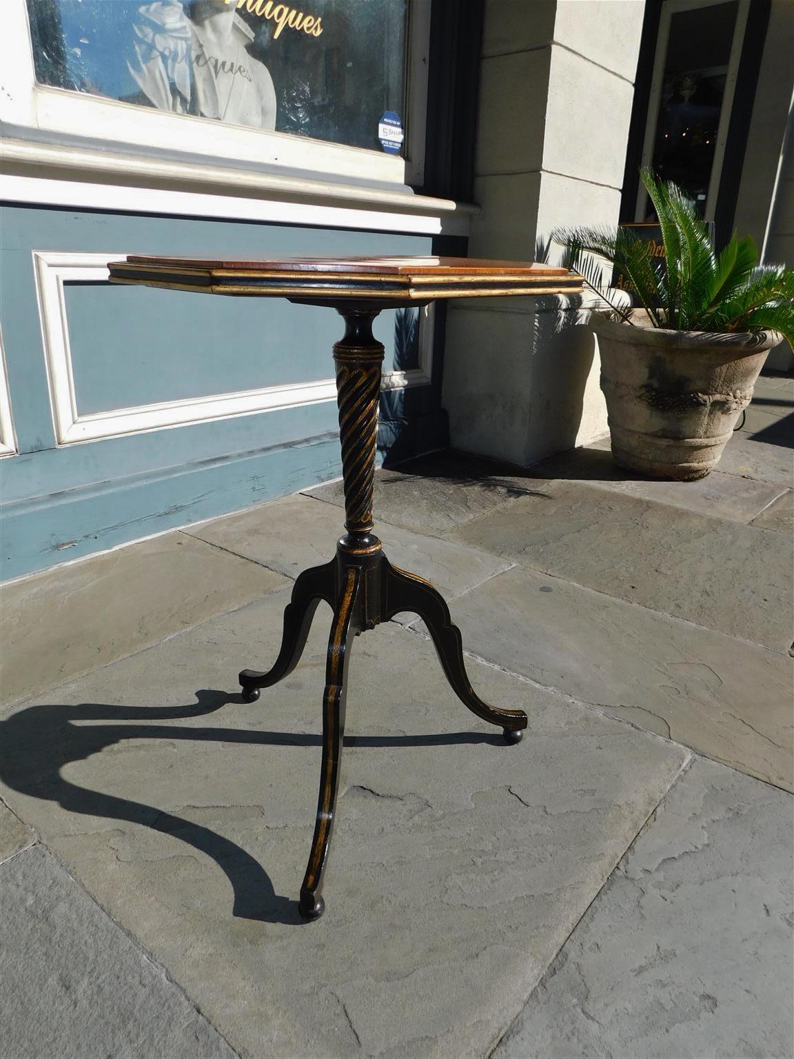 English Regency Painted & Gilt Satinwood Inlaid Tripod Candle Stand, Circa 1790 For Sale 1