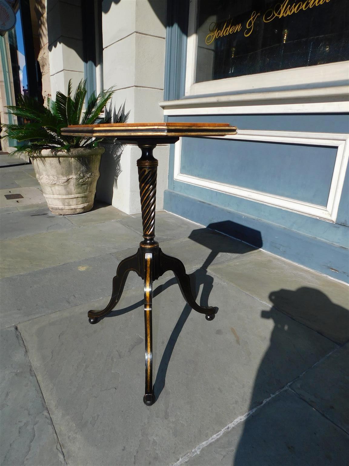 English Regency Painted & Gilt Satinwood Inlaid Tripod Candle Stand, Circa 1790 For Sale 2