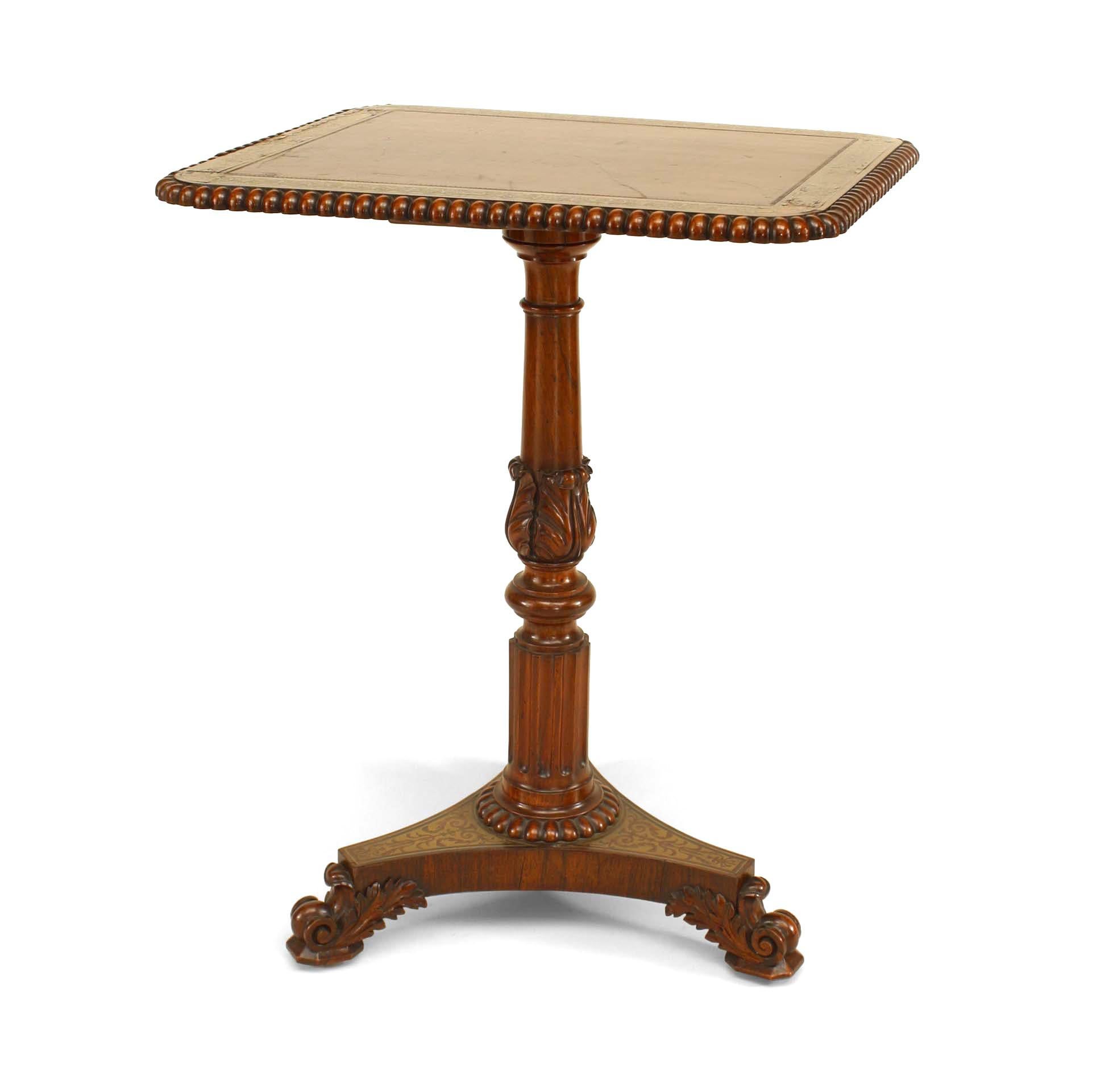 English Regency rosewood and brass inlaid pedestal base end table with inset red leather top and spool design edge.