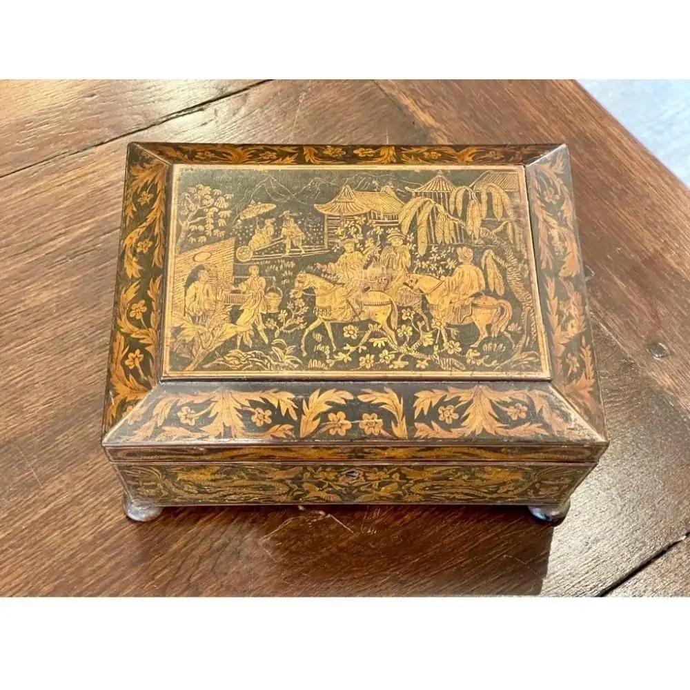 19th Century English Regency Penwork Double-handled Jewelry Box, Chinoiserie For Sale