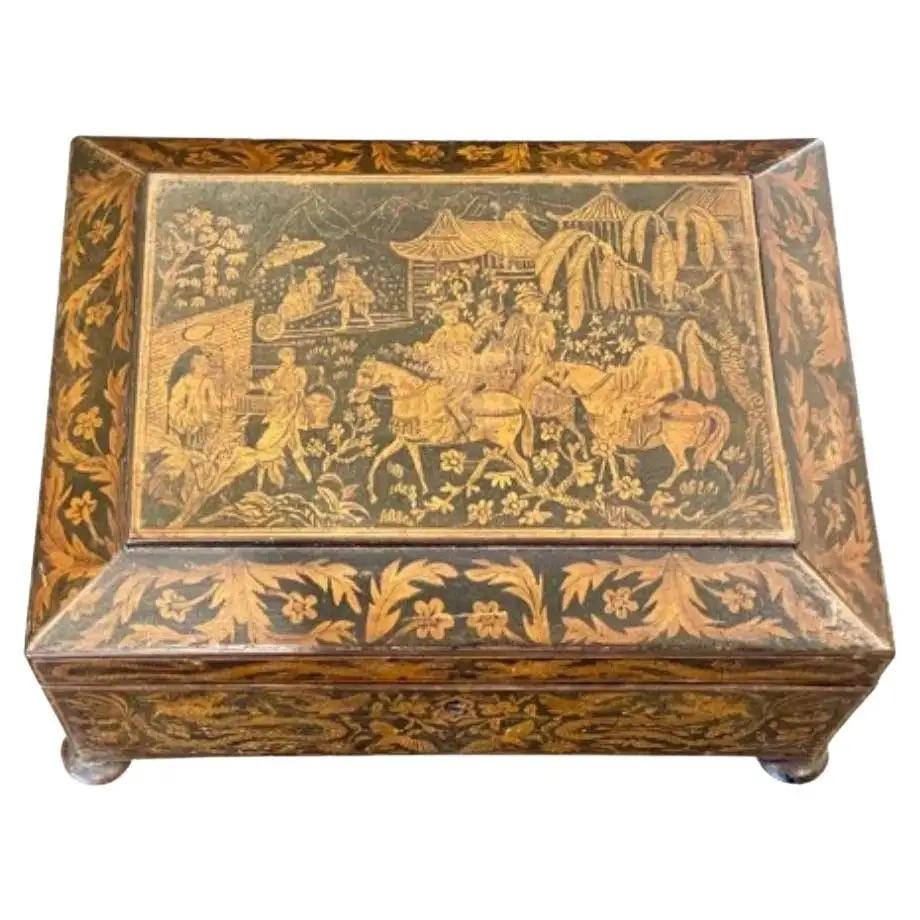 Wood English Regency Penwork Double-handled Jewelry Box, Chinoiserie For Sale