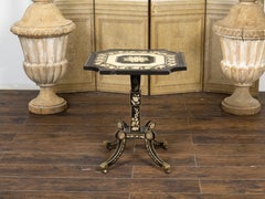 English Regency Penwork Occasional Table with Floral Décor and Curving Legs