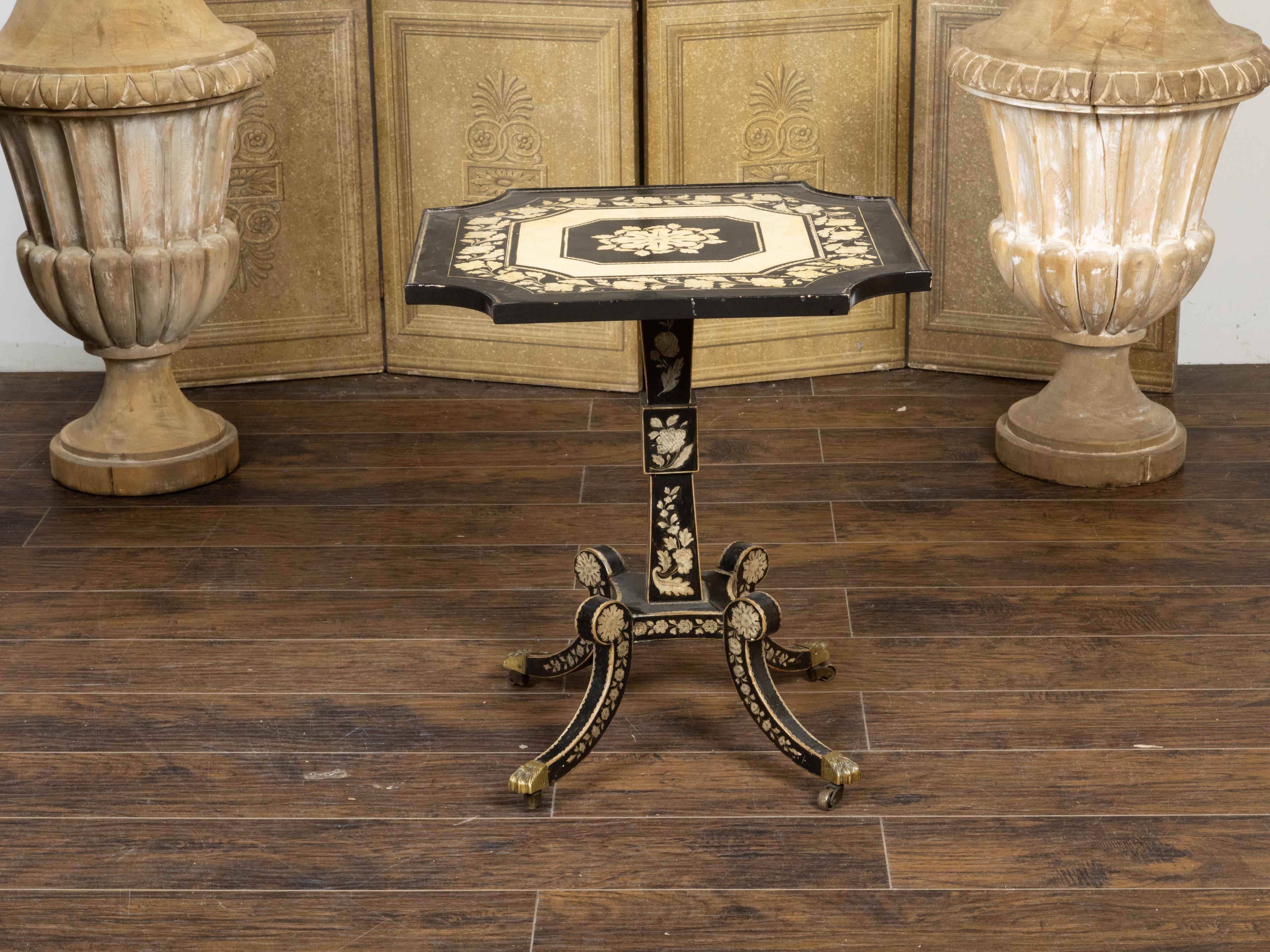 Wood English Regency Penwork Occasional Table with Floral Décor and Curving Legs For Sale