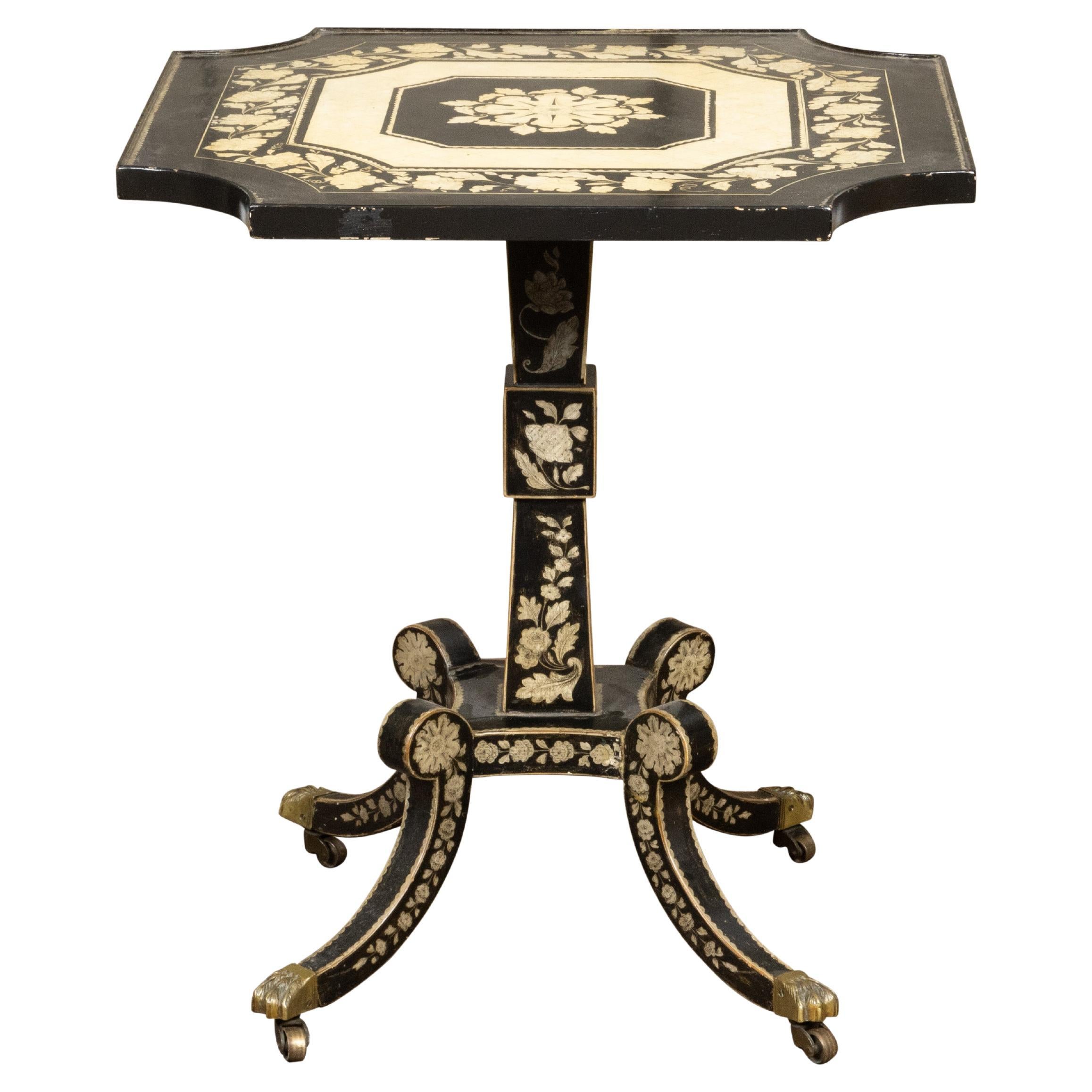 English Regency Penwork Occasional Table with Floral Décor and Curving Legs For Sale