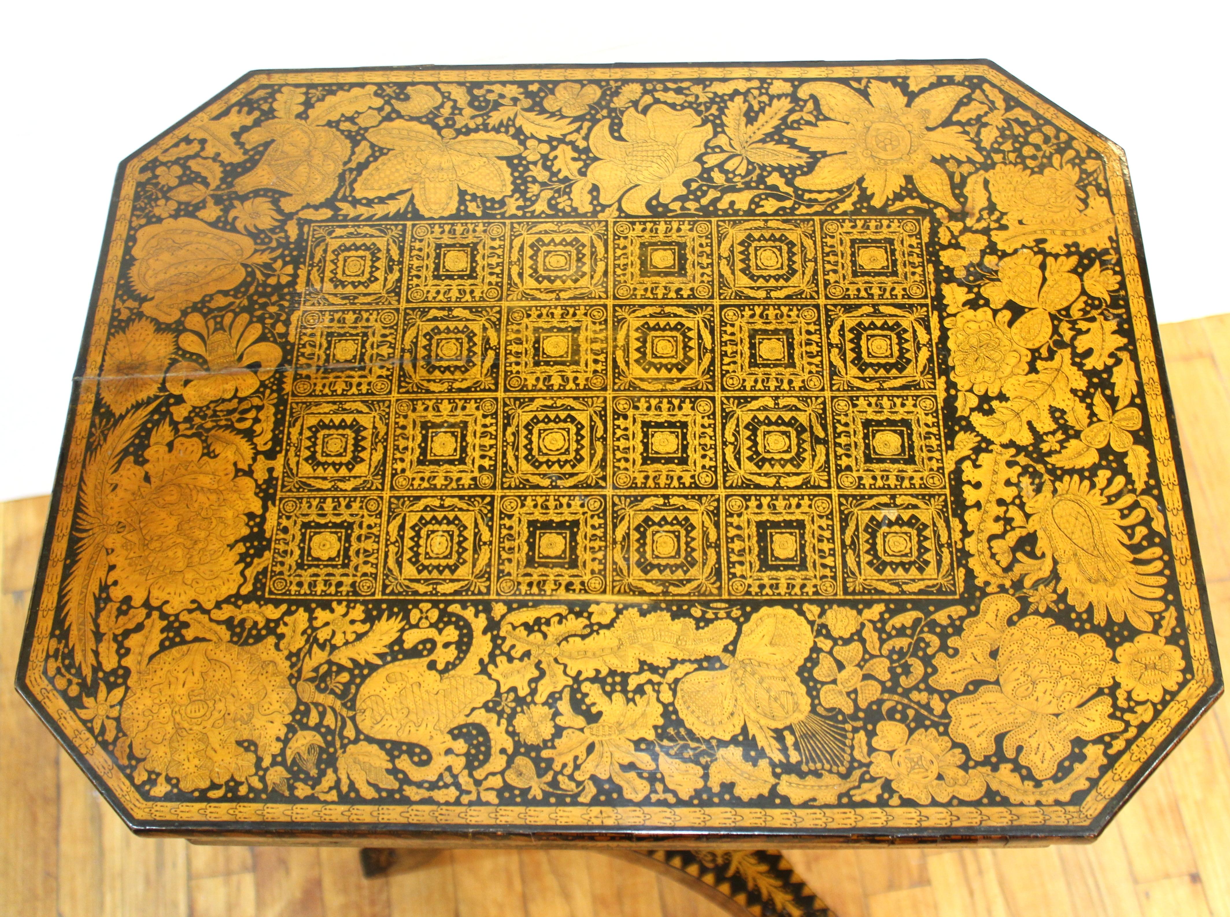 Wood English Regency Penwork Table on Tripod Base