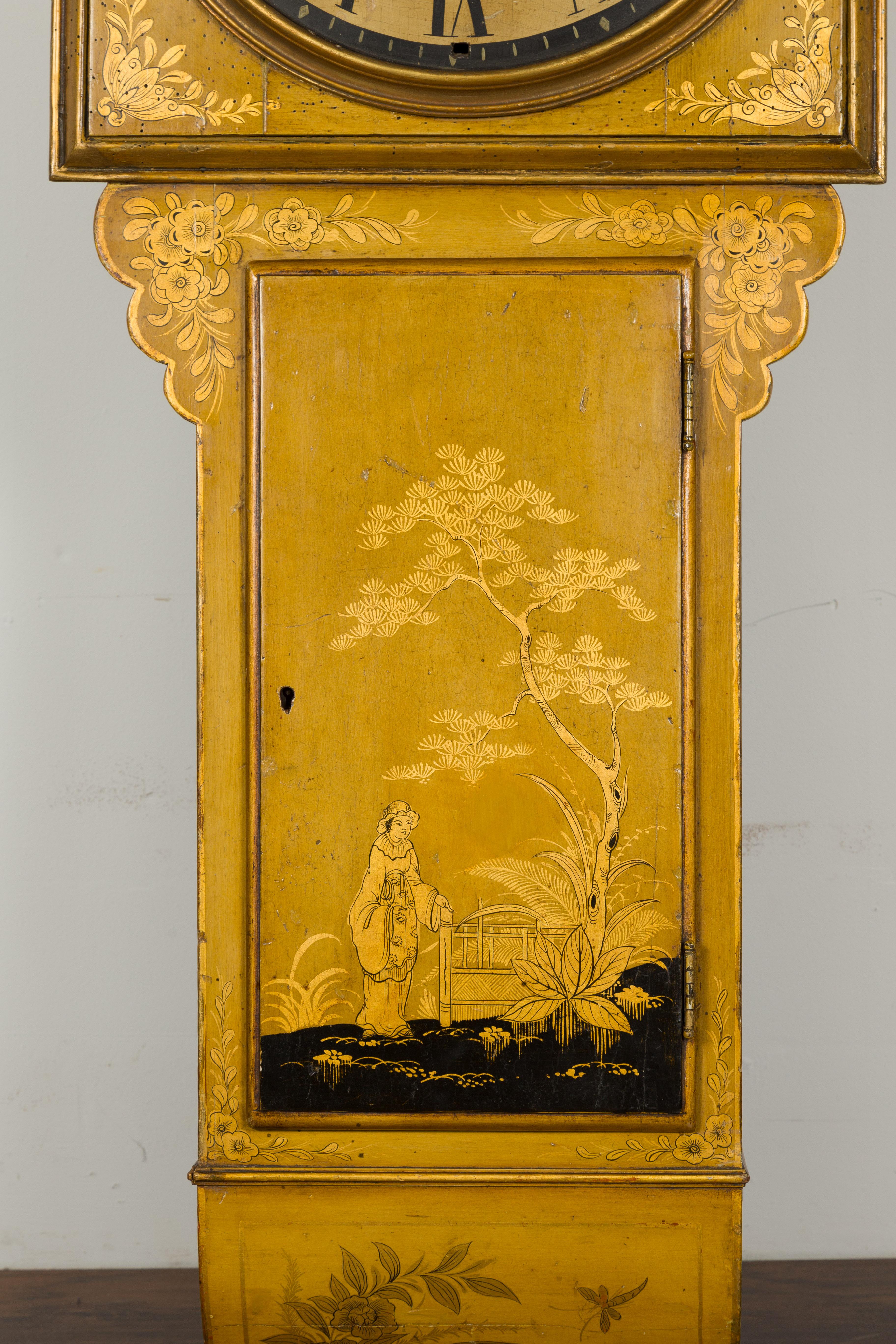 19th Century English Regency Period 1820s Golden Toned Wall Clock with Chinoiserie Décor For Sale