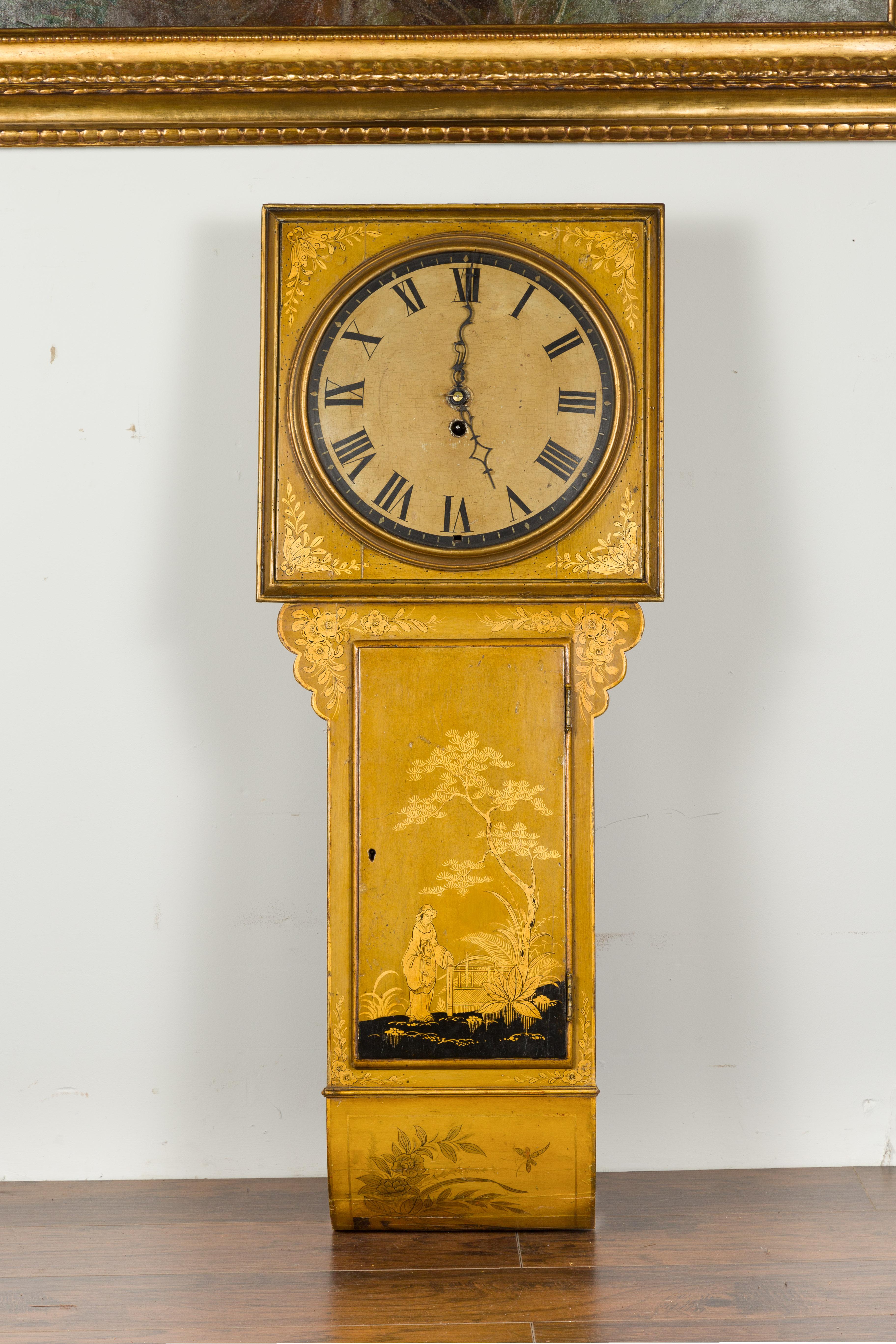 English Regency Period 1820s Golden Toned Wall Clock with Chinoiserie Décor For Sale 2