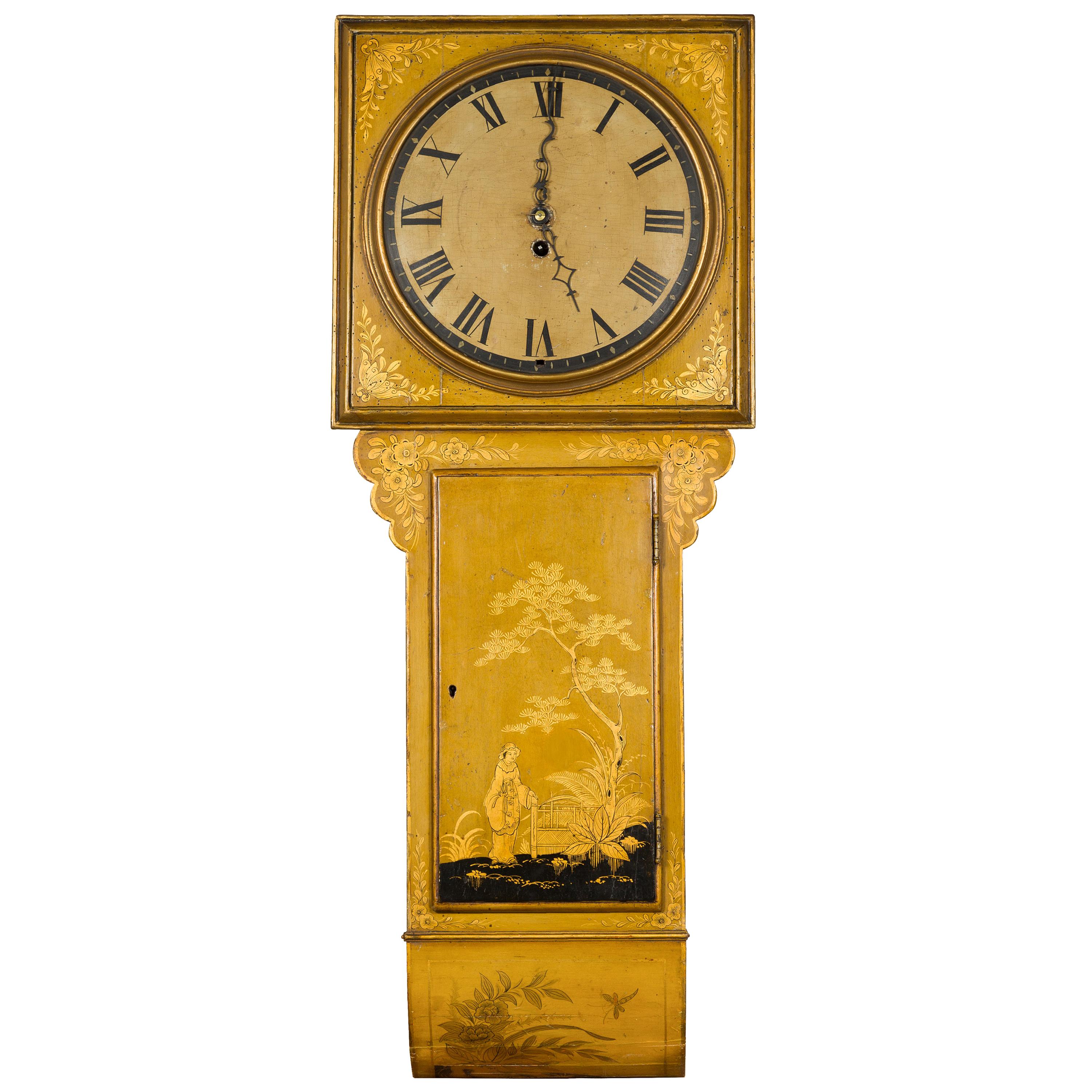 English Regency Period 1820s Golden Toned Wall Clock with Chinoiserie Décor For Sale