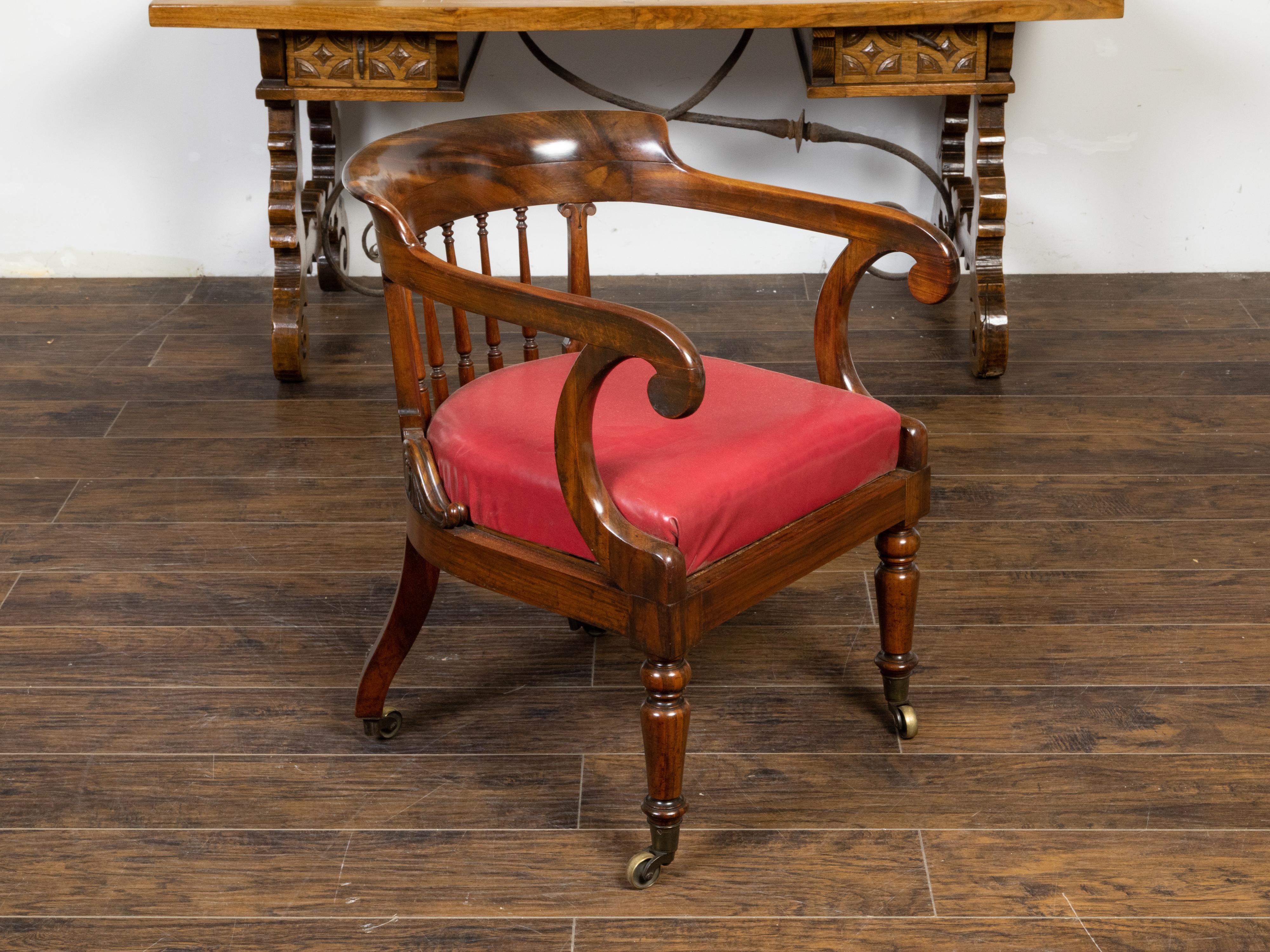 Carved English Regency Period 19th Century Mahogany Horseshoe Back Upholstered Armchair For Sale