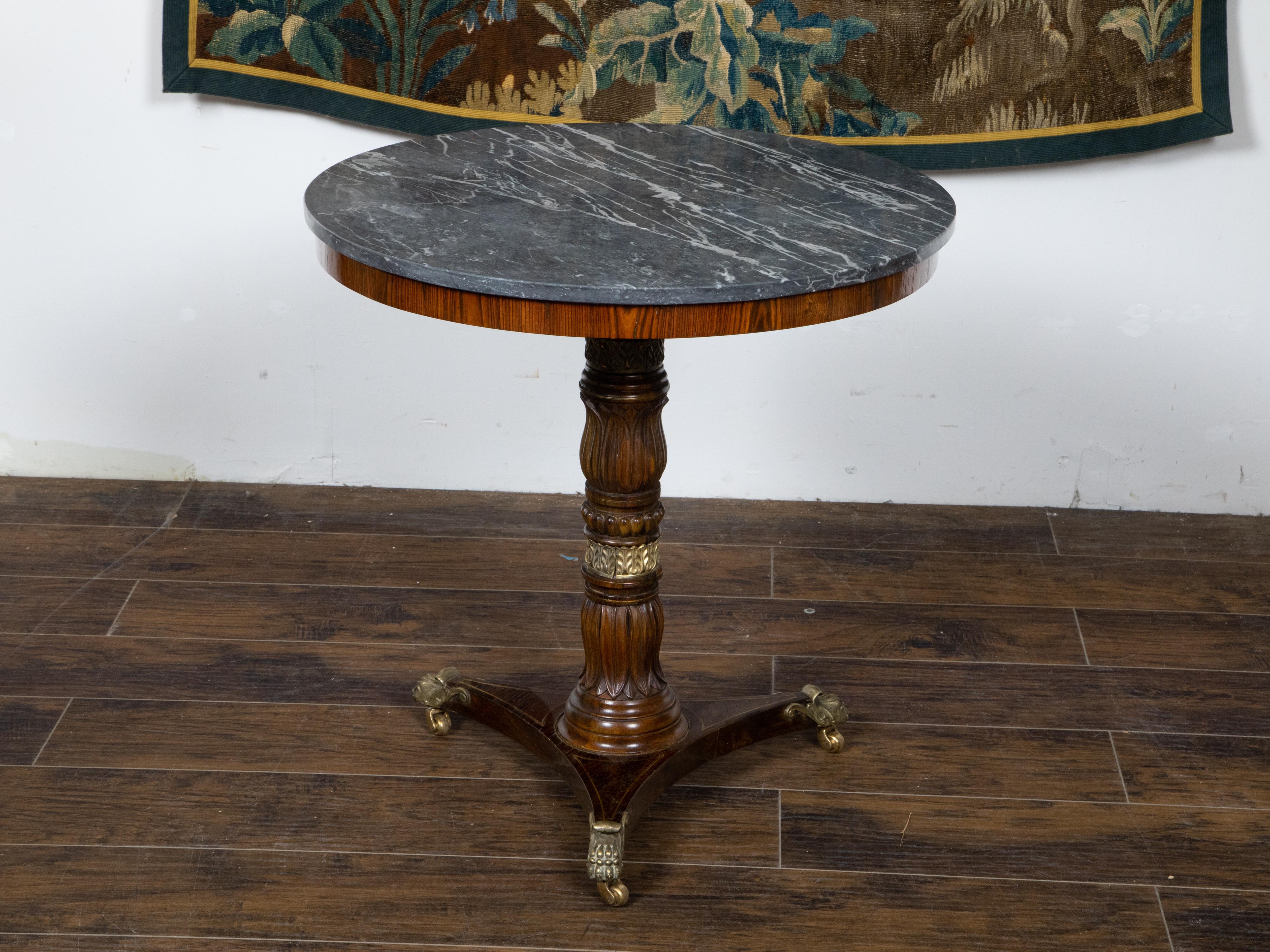 Carved English Regency Period 19th Century Mahogany Side Table with Grey Marble Top For Sale