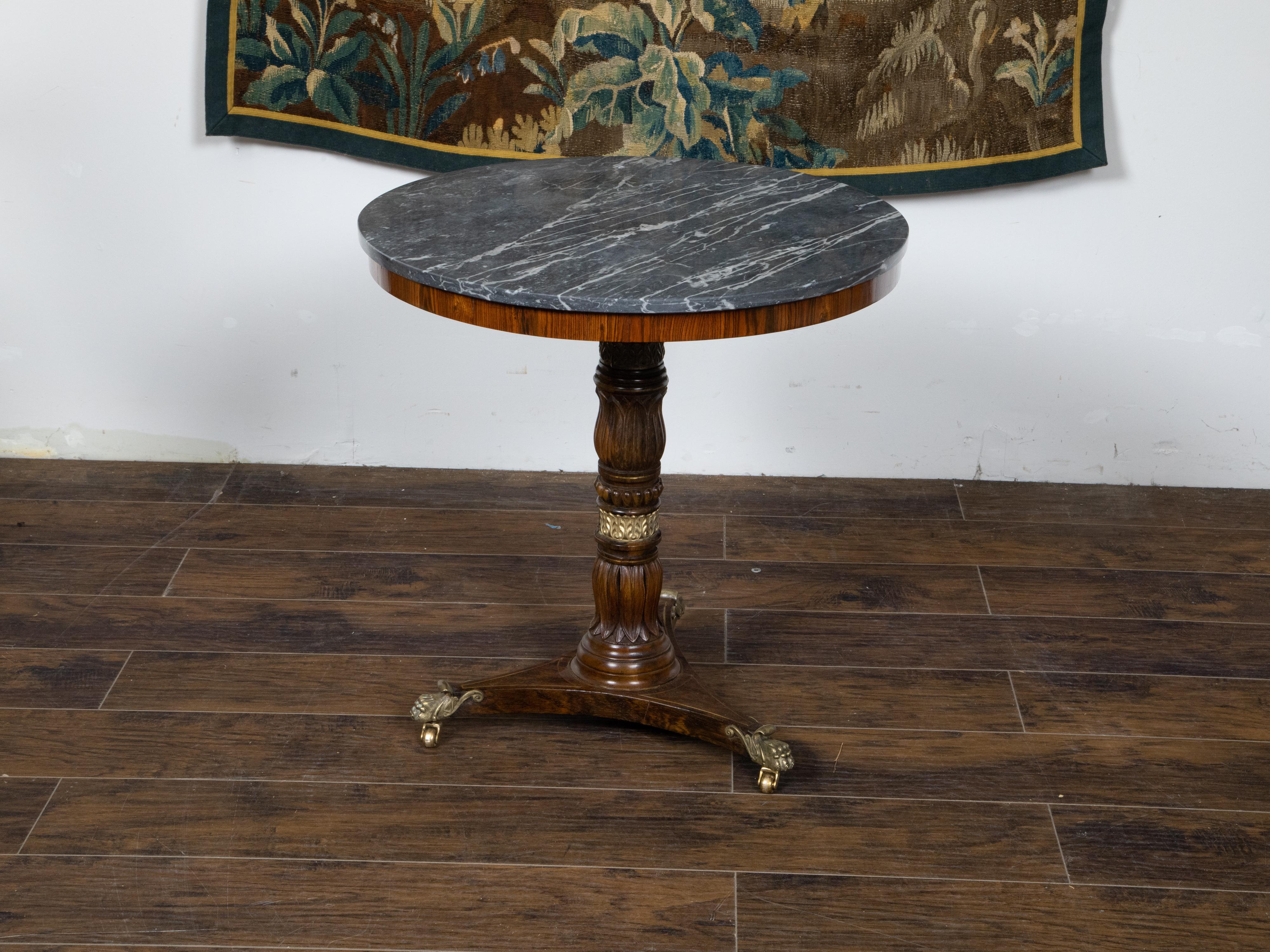 Brass English Regency Period 19th Century Mahogany Side Table with Grey Marble Top For Sale